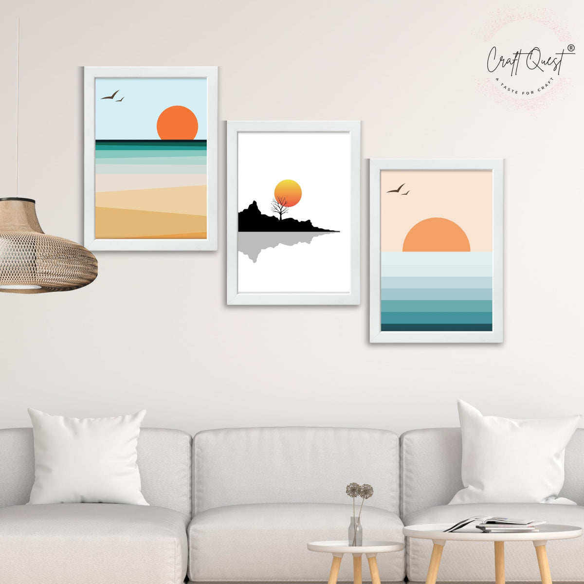 CRAFT QUEST Nature Inspired Abstract Of Sunset Wall Art | Set of 3 Frames for Home Decoration | Ideal for Living Room, Bedroom & Offices
