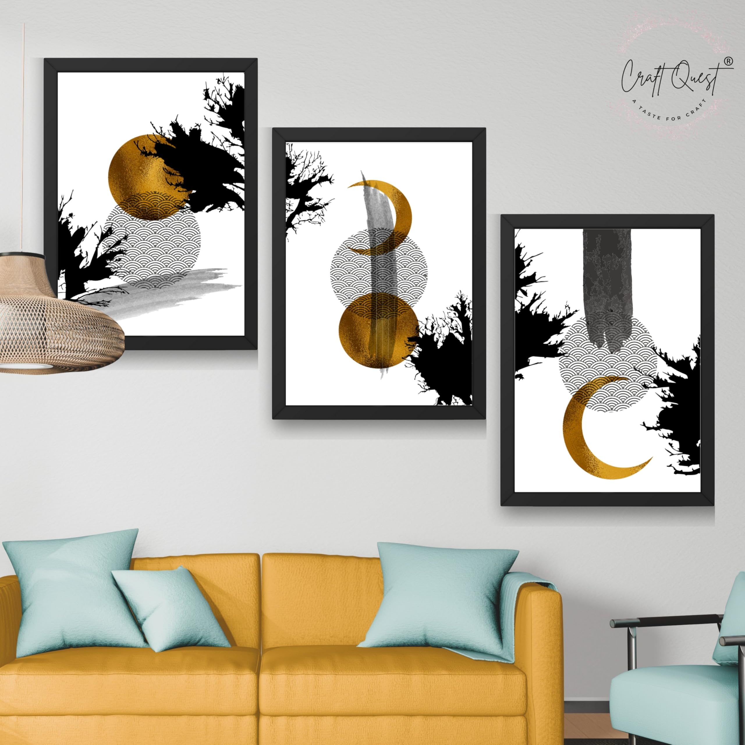 CRAFT QUEST Wall Art Decor Paintings | Set of 3 Abstract Wall Art Frames for Home Decoration | Ideal for Living Room, Bedrooms & Office