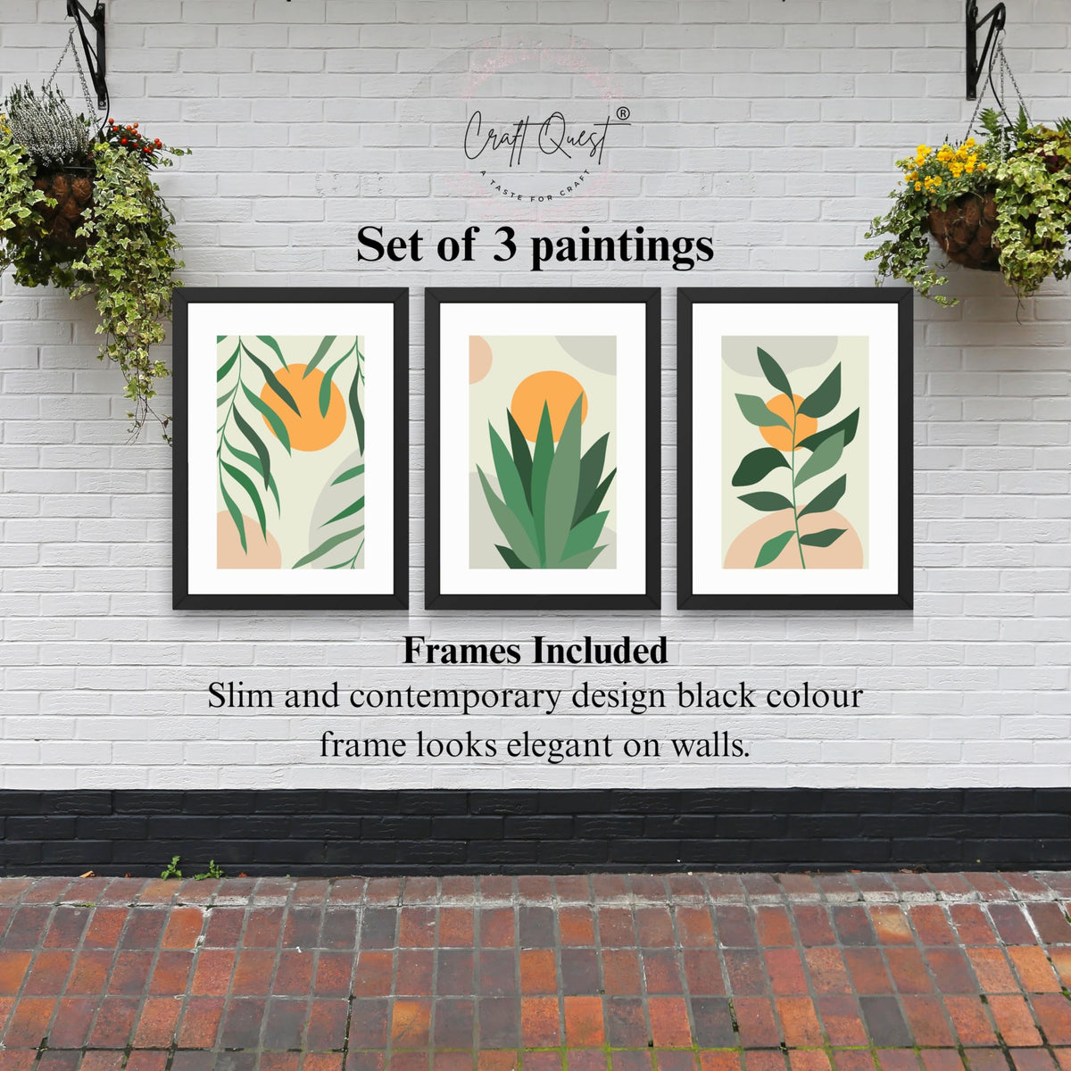 CRAFT QUEST Nature Inspired Botanical Abstract Wall Art | Set of 3 Frames for Home Decoration | Ideal for Living Room, Bedroom & Office