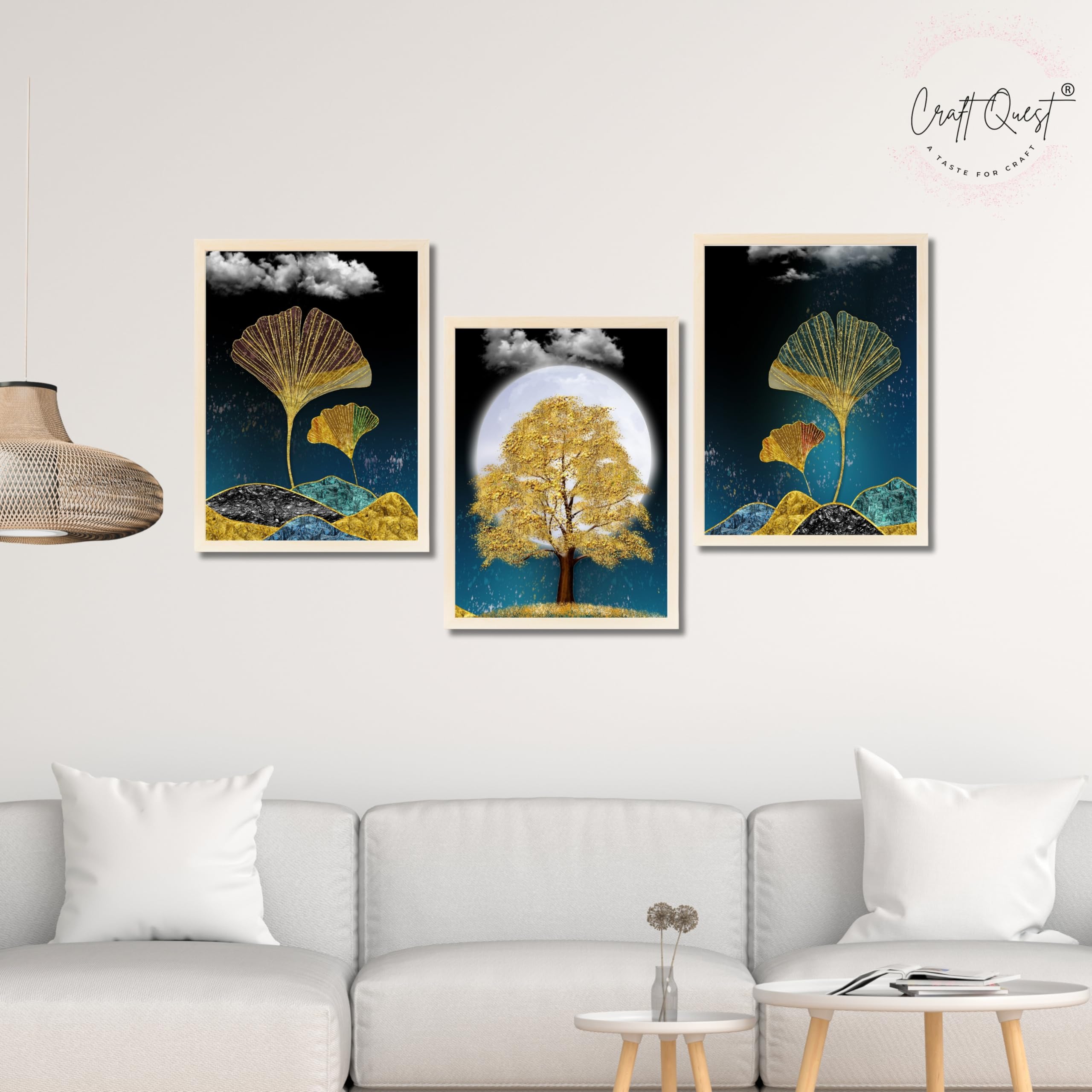 CRAFT QUEST Modern Art Mural With Golden Christmas Trees Wall Art | Set of 3 Frames for Home Decoration | Ideal for Living Room, Bedroom & Offices