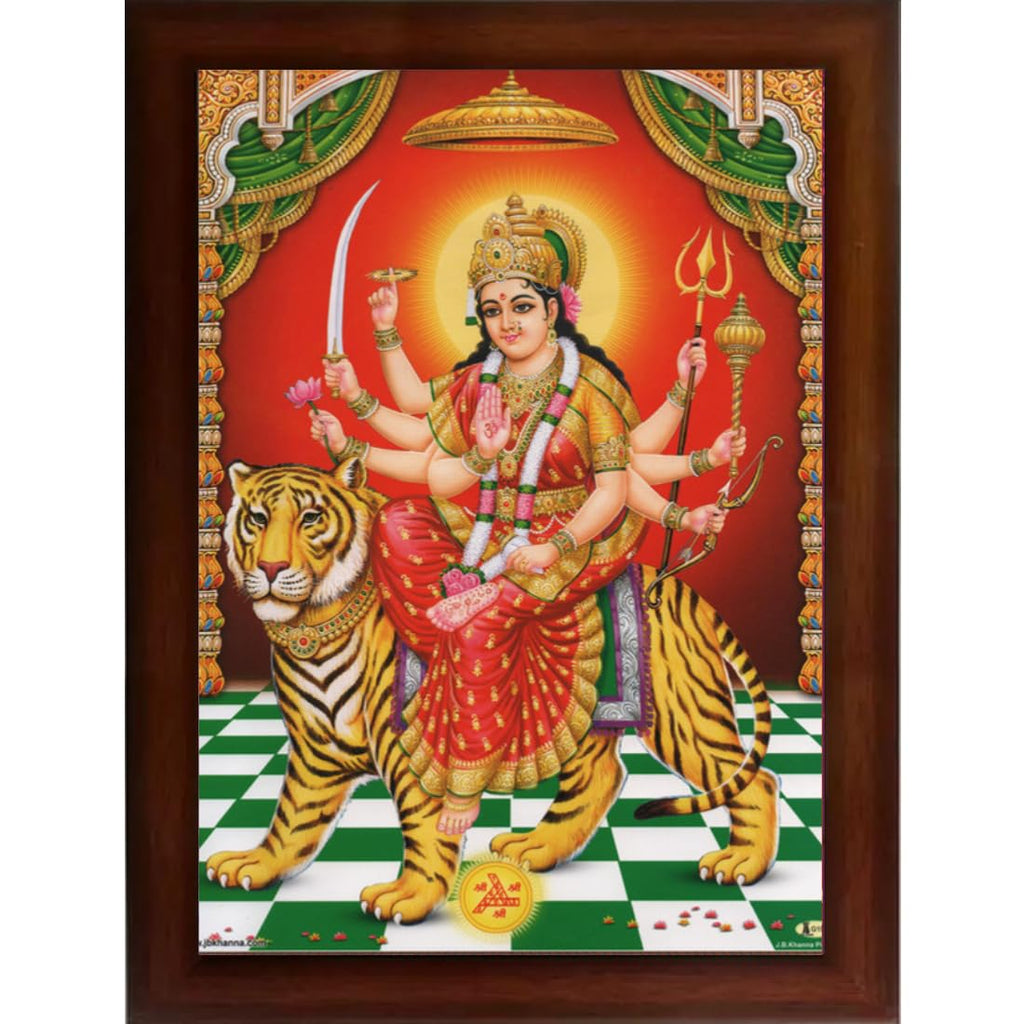Craft Quest Durga mata photo with brown frame | God Religious Framed Painting (Large Size 14 X 10 Inches. Multicolour)