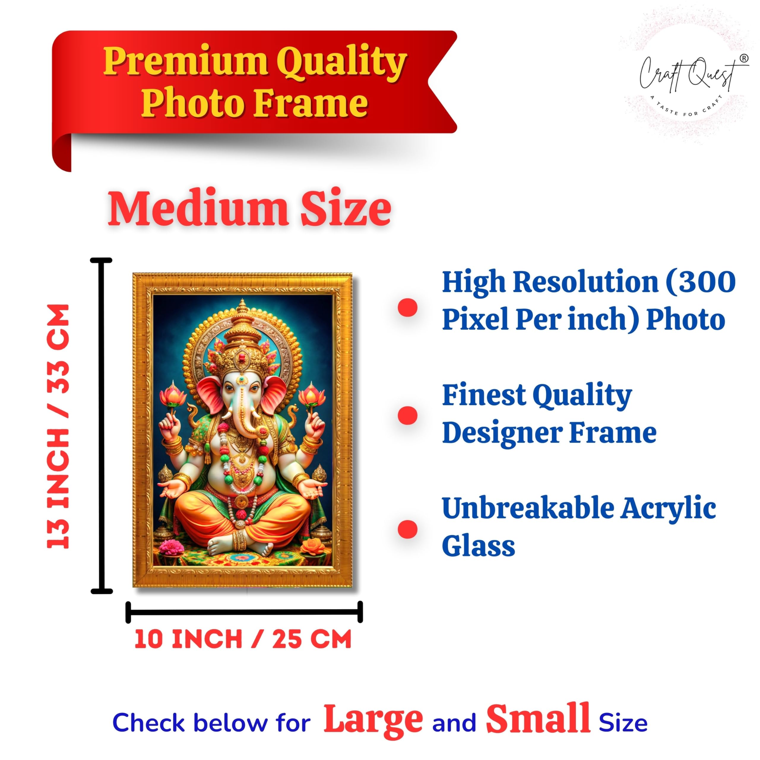 CRAFT QUEST Lord Ganpati Ji Laminated God Photo Frame Wall Decor Mandir Pooja Poster Religious Painting Divine Hindu Temple Decoration Spiritual Blessings Home Office Gift