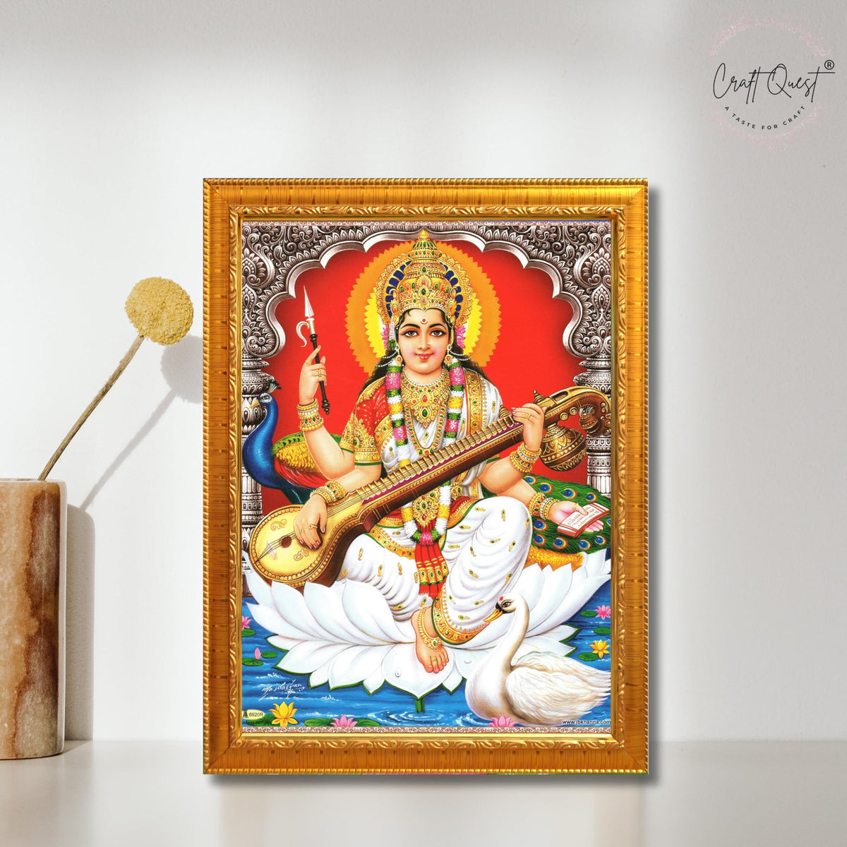 CRAFT QUEST Saraswati Devi Goddess Saraswathi Maa Wall Painting Sparkle Coated Framed Home Décor Synthetic wooden Frame