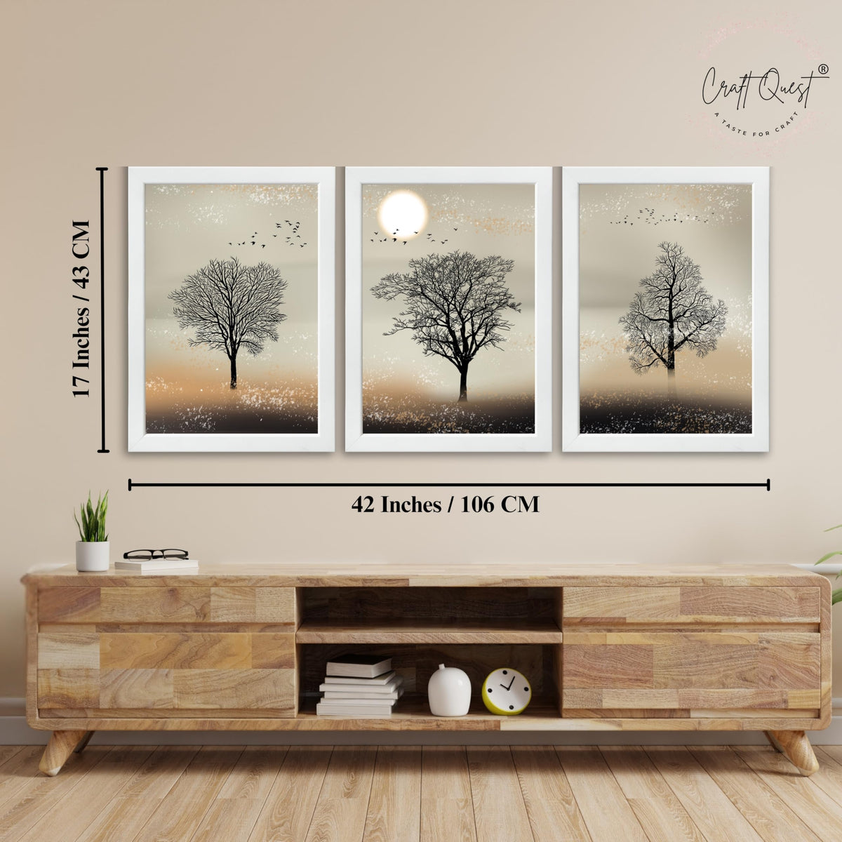 CRAFT QUEST Nature Inspired Landscape With Black Trees Modern Wall Art | Set of 3 Frames for Home Decoration | Ideal for Living Room, Bedroom & Office