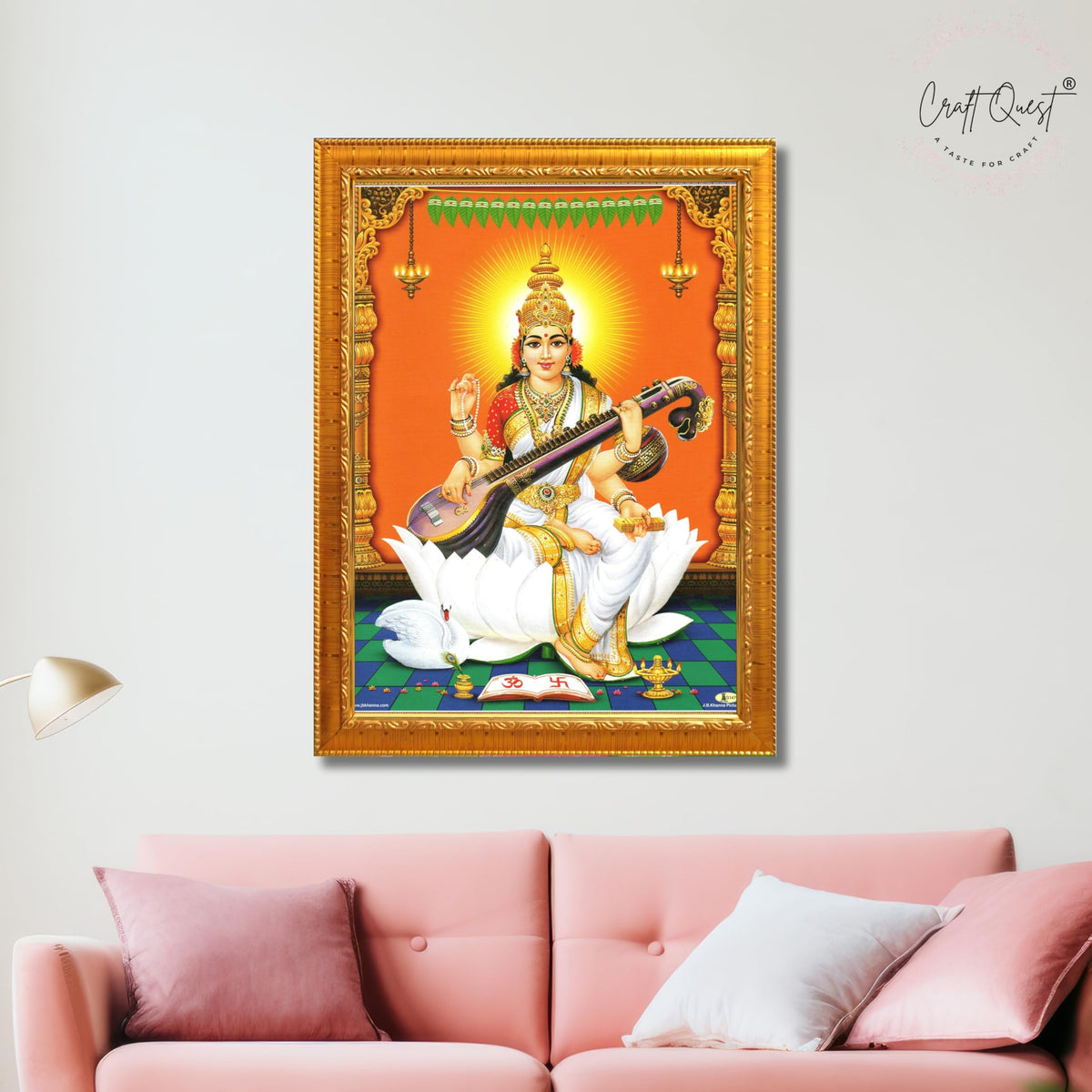 CRAFT QUEST Saraswati Devi Goddess Saraswathi Maa Wall Painting For Home Décor Synthetic wood Framed