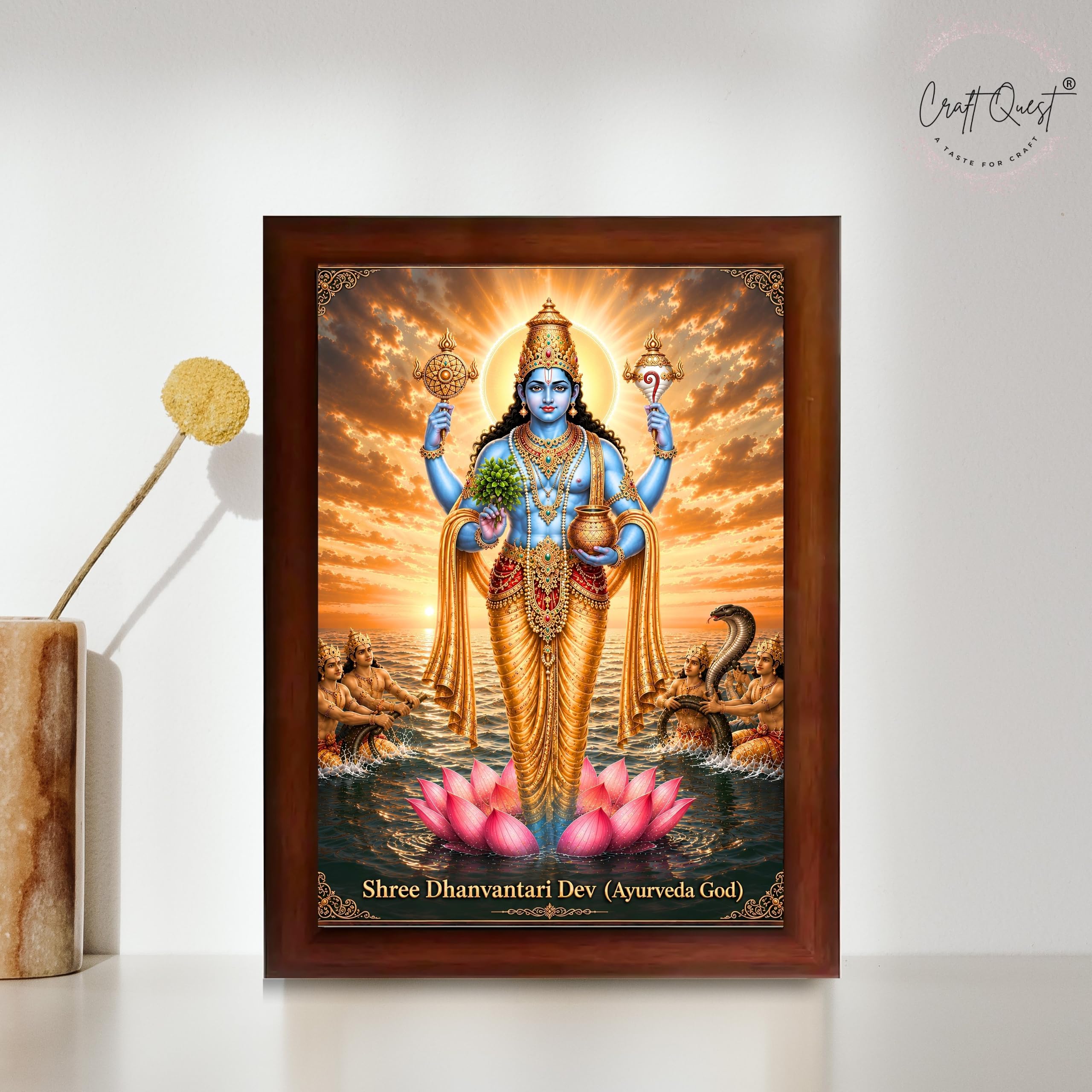 CRAFT QUEST Lord Dhanvantari/Dhanwantari Photo Frame | Hindu God of Ayurveda & Healing | Wooden Framed Wall Art for Home Temple, Office & Clinic Decor | Vastu & Spiritual Gift Item