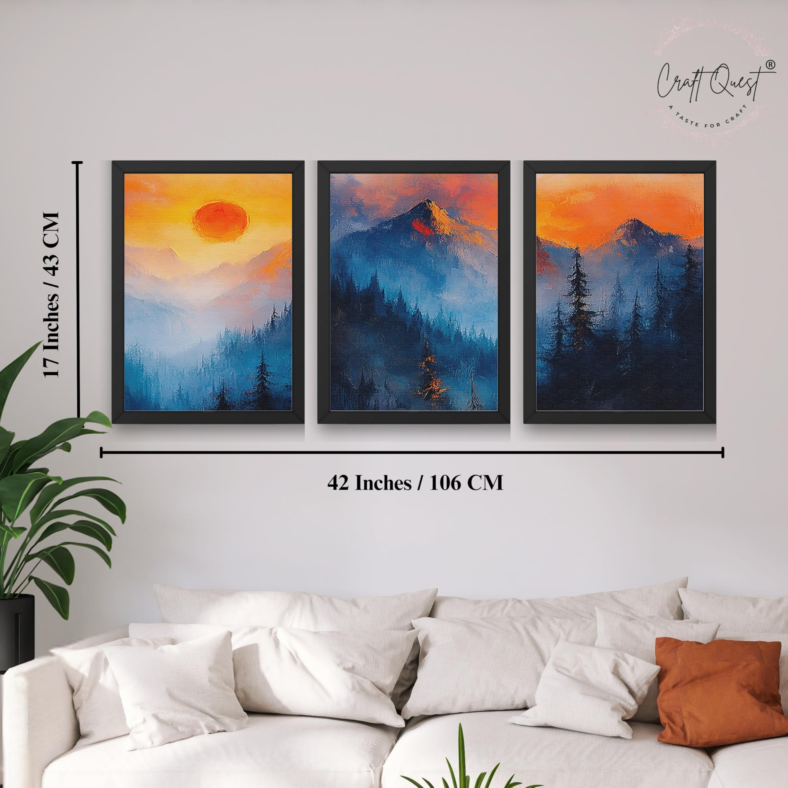 CRAFT QUEST Nature Inspired Landscape With Trees & Mountains Wall Art | Set of 3 Frames for Home Decoration | Ideal for Living Room, Bedroom & Offices