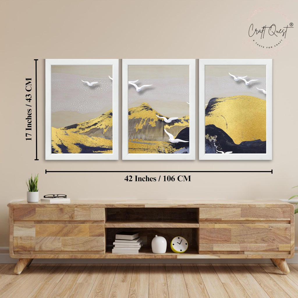 CRAFT QUEST Modern Art Abstract Porch Golden Wall Art | Set of 3 Frames for Home Decoration | Ideal for Living Room, Bedroom & Offices