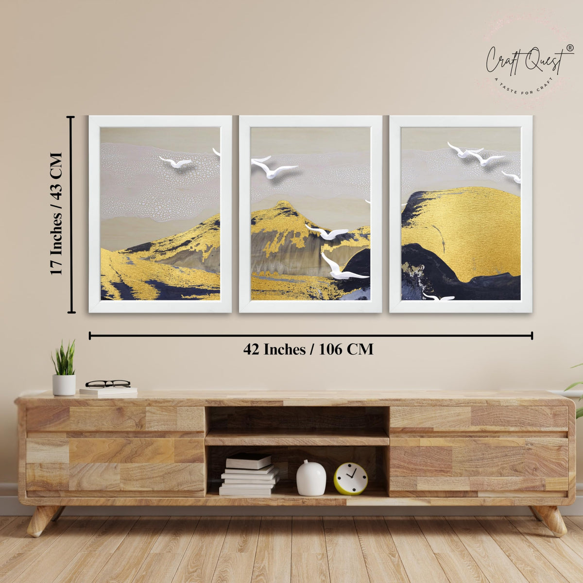 CRAFT QUEST Modern Art Abstract Porch Golden Wall Art | Set of 3 Frames for Home Decoration | Ideal for Living Room, Bedroom & Offices