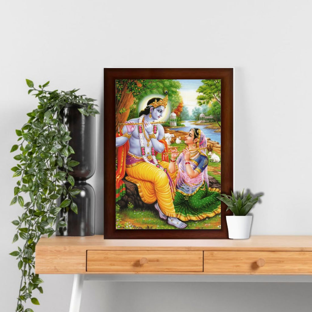 Craft Quest Radha Krishna Sparkle Coated Home Decorative Gift Item Framed Painting (10 X 14 Inches, Brown) RK1013-17