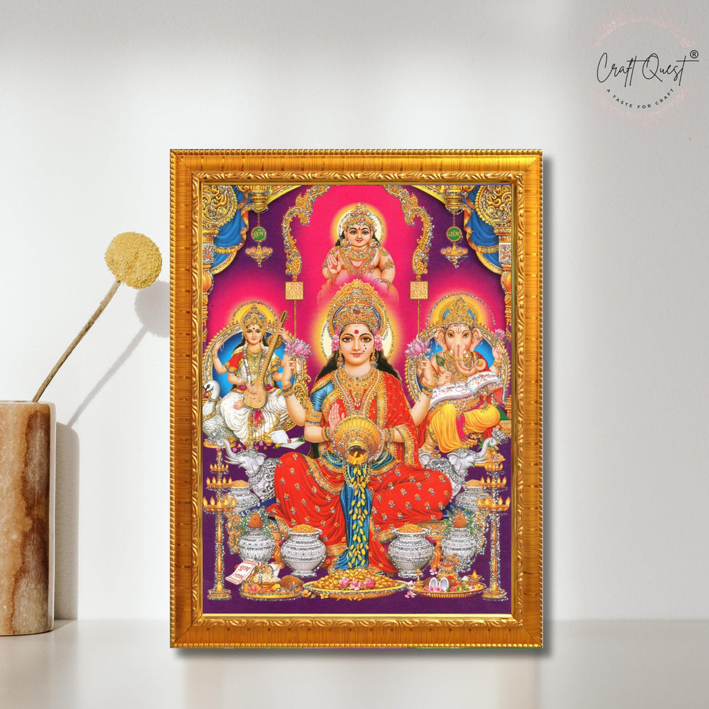 CRAFT QUEST Lakshmi Devi Ganesha Saraswati Hanging Wall Painting Framed Home and Pooja Decor God Hindu Devi Devta Photo Frame