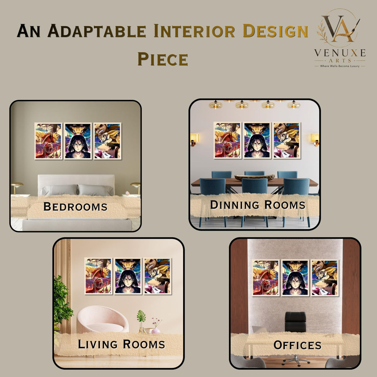 VENUXE ARTS Set Of 3 Anime Characters Wall Framed |Anime Characters Framed Poster for Living Room Bedroom Gaming Room Studio Wall Decor