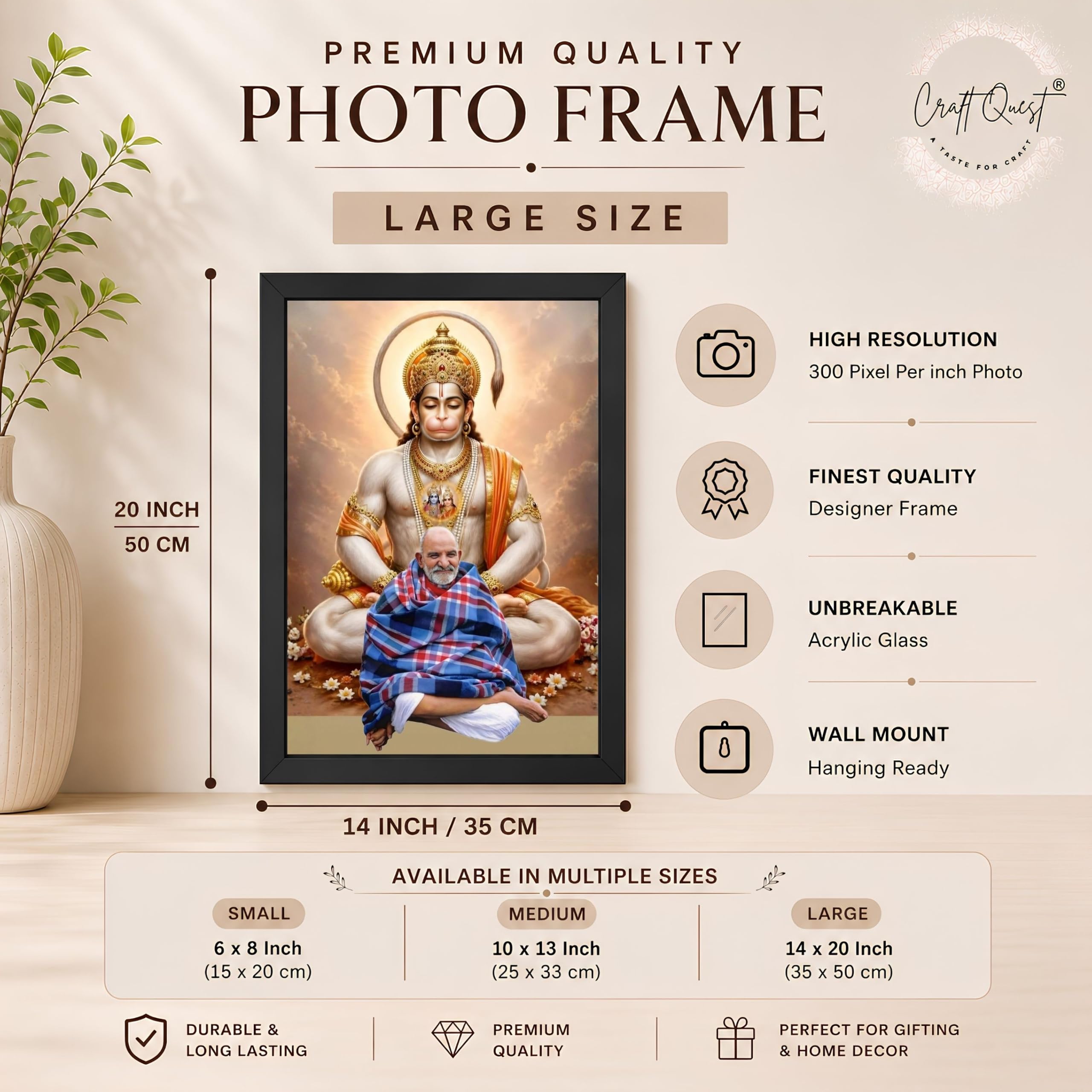 CRAFT QUEST Neem Karoli Baba Maharaj Ji Smiling Portrait Photo Frame for Wall | Spiritual Guru Religious Wall Art | Devotional Photo for Home, Mandir, Puja Room & Gifting