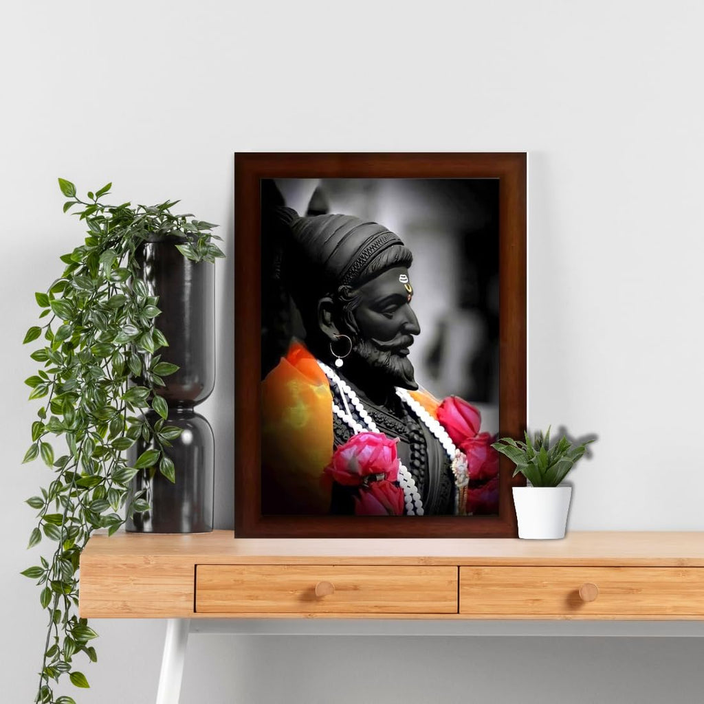 CRAFT QUEST Chhatrapati Shivaji Maharaj photo frame Home Decorative items with synthetic frame (Style 1) (Brown, 10 X 13 Inches)
