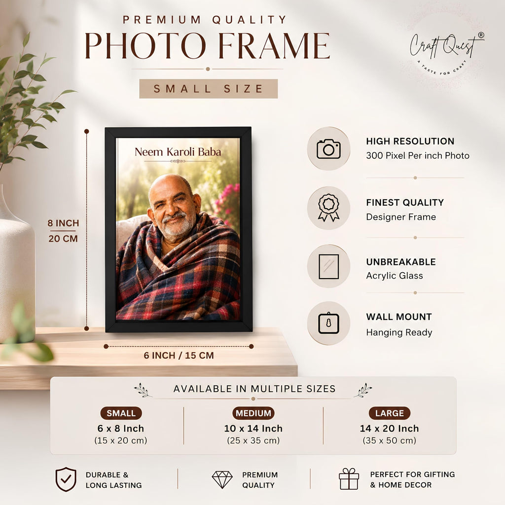 CRAFT QUEST Neem Karoli Baba Maharaj Ji Smiling Portrait Photo Frame for Wall | Spiritual Guru Religious Wall Art | Devotional Photo for Home, Mandir, Puja Room & Gifting