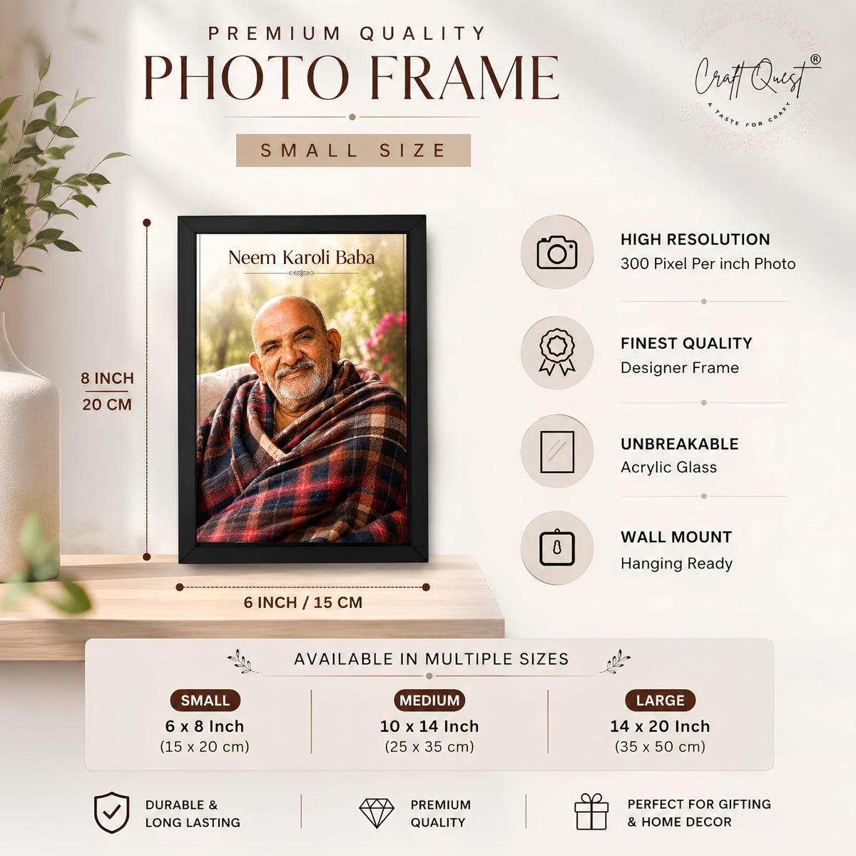 CRAFT QUEST Neem Karoli Baba Maharaj Ji Smiling Portrait Photo Frame for Wall | Spiritual Guru Religious Wall Art | Devotional Photo for Home, Mandir, Puja Room & Gifting
