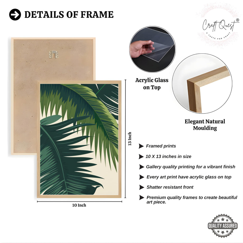 CRAFT QUEST Nature Inspired Tropical Palm Leaves Modern Wall Art | Set of 3 Frames for Home Decoration | Ideal for Living Room, Bedroom & Offices