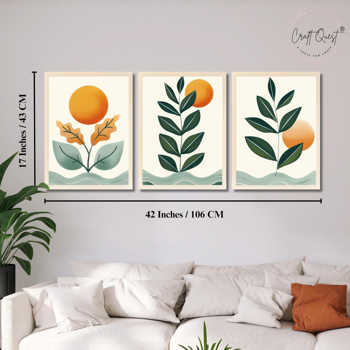 CRAFT QUEST Nature Inspired Sun & Moon Modern Boho Wall Art | Set of 3 Frames for Home Decoration | Ideal for Living Room, Bedroom & Offices