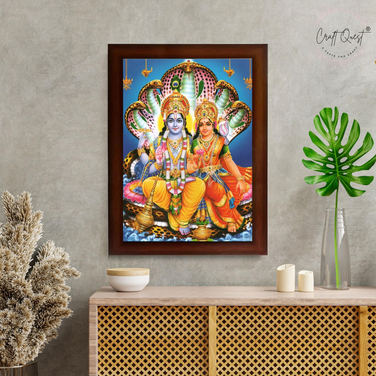 CRAFT QUEST Laxmi Narayan Laxmi Vishnu Dev Lakshmi Devi Ji Wall Painting Framed Home Decor, Religious Photo Frame