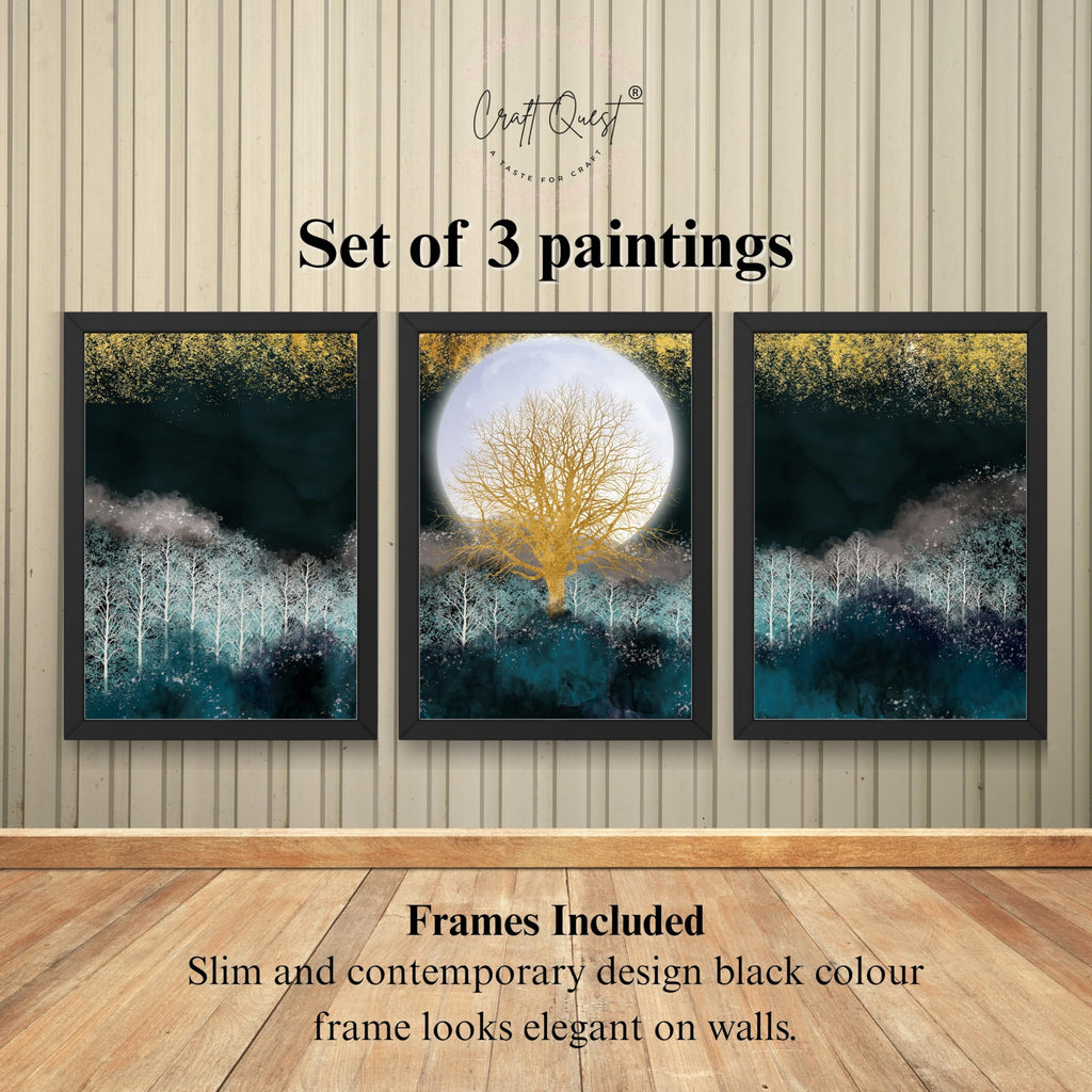 CRAFT QUEST Modern Art Christmas Trees & Mountains Landscape Wall Art | Set of 3 Frames for Home Decoration | Ideal for Living Room, Bedroom & Offices