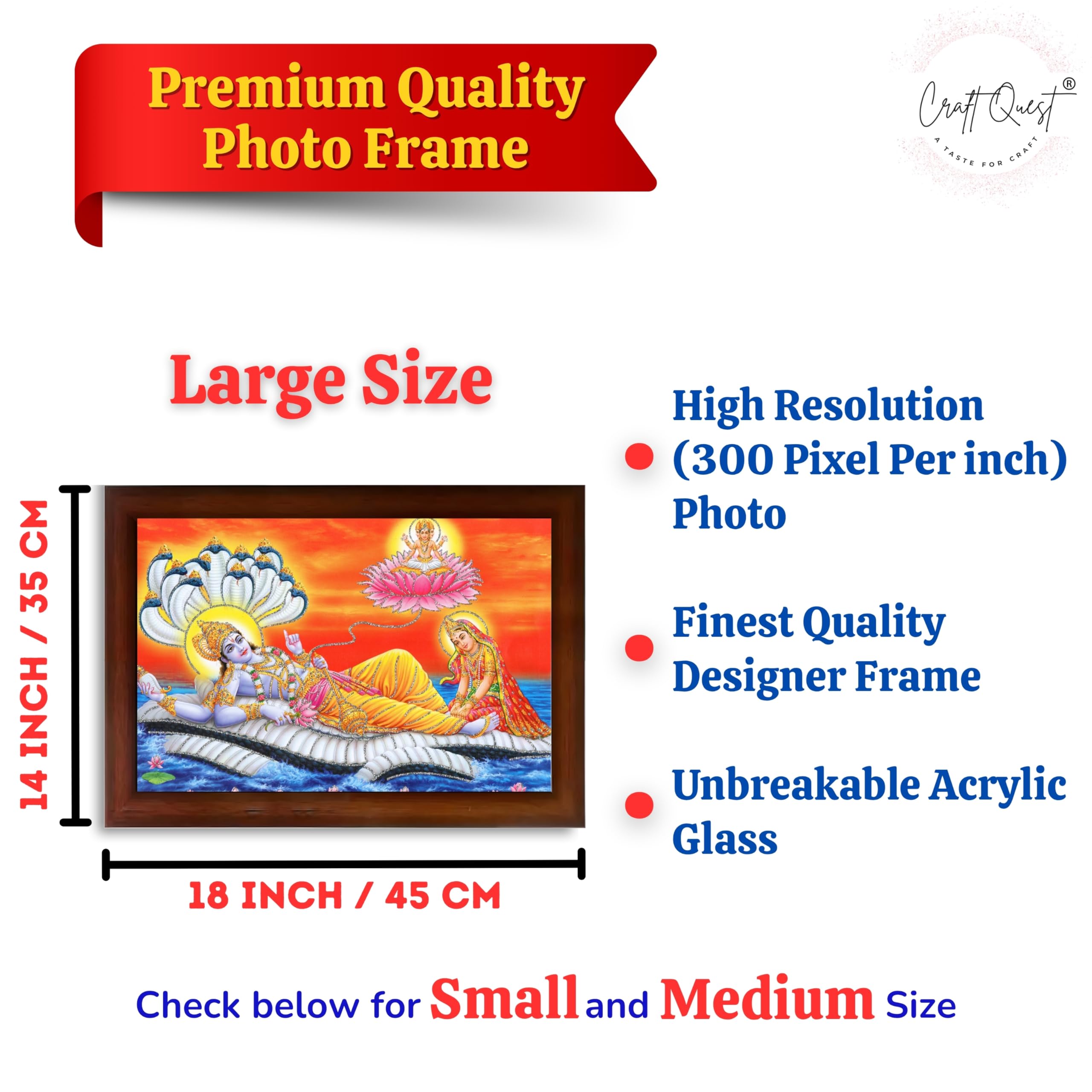 CRAFT QUEST Lord Vishnu and Goddess Lakshmi Giving Blessing on Shesh naag, landscape Glitter Work Painting Synthetic Wood Frame