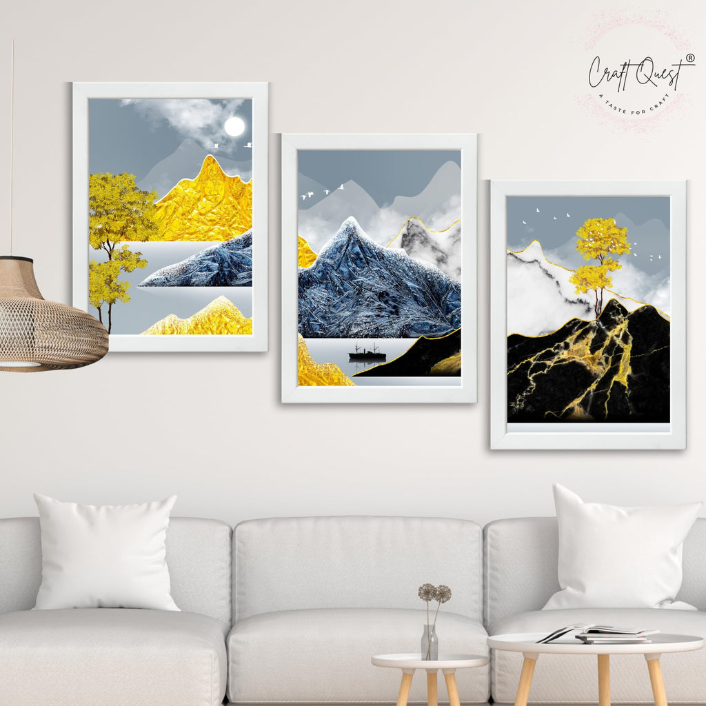 CRAFT QUEST Modern Art Abstract Ink Landscape Wall Art | Set of 3 Frames for Home Decoration | Ideal for Living Room, Bedroom & Offices