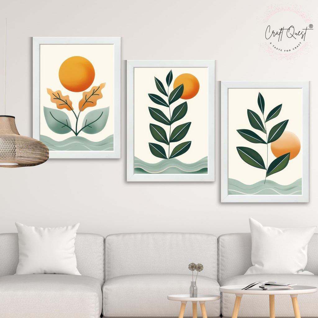 CRAFT QUEST Nature Inspired Sun & Moon Modern Boho Wall Art | Set of 3 Frames for Home Decoration | Ideal for Living Room, Bedroom & Offices