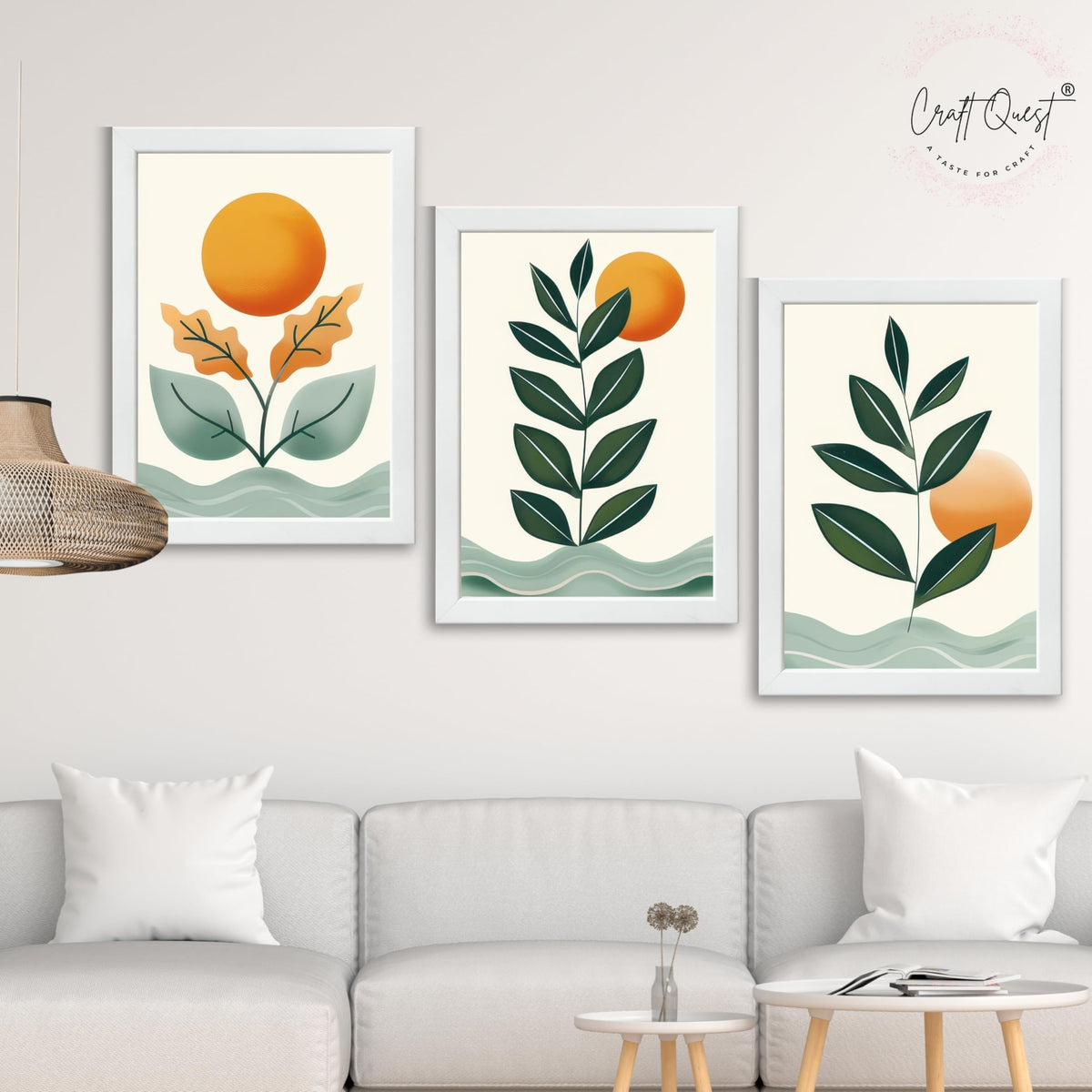 CRAFT QUEST Nature Inspired Sun & Moon Modern Boho Wall Art | Set of 3 Frames for Home Decoration | Ideal for Living Room, Bedroom & Offices