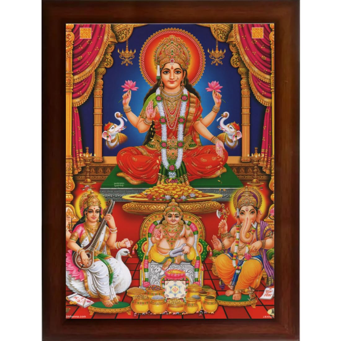 CRAFT QUEST Lakshmi mata Kuber dev with Ganesh ji and Saraswati maa Wall Painting Frame Home Decor