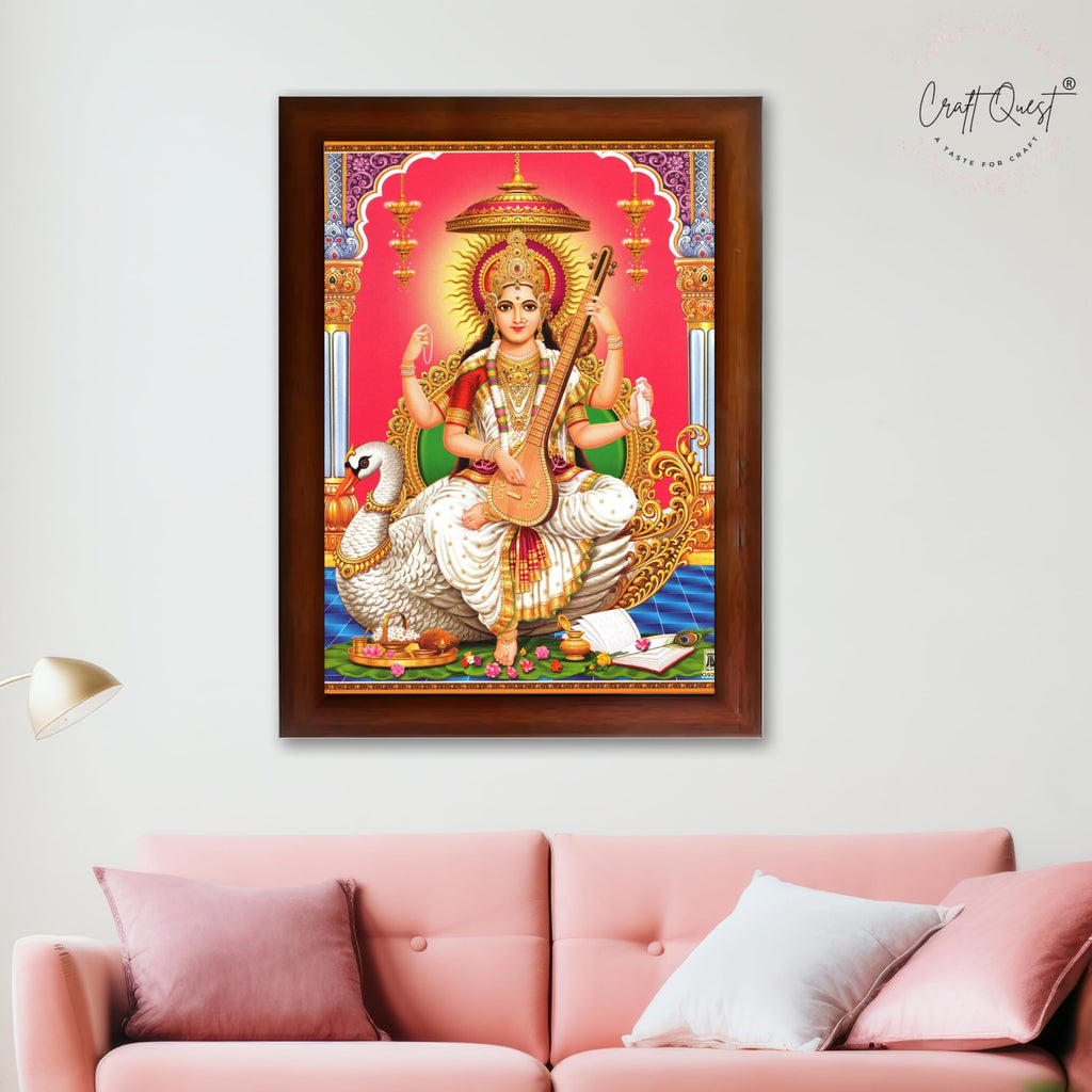 CRAFT QUEST Saraswati Devi Goddess Saraswathi Maa Wall Painting Sparkle Coated Framed Home Décor Synthetic wooden Framed