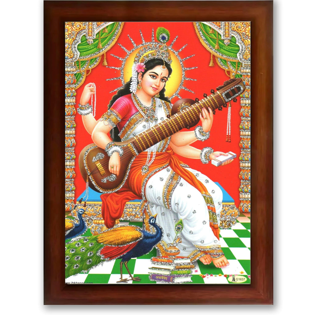 CRAFT QUEST Saraswati Devi Goddess Saraswati Maa Wall Painting Framed Home Decor wooden frame