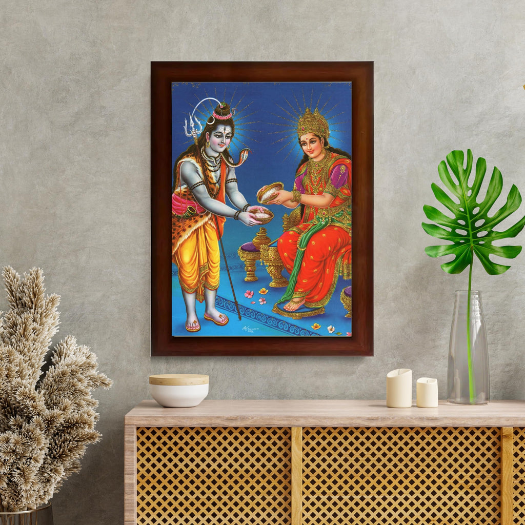 CRAFT QUEST Shiva & Maa Annapurna devi sitting on throne photo frame with Laminated Poster for Kitchen Worship