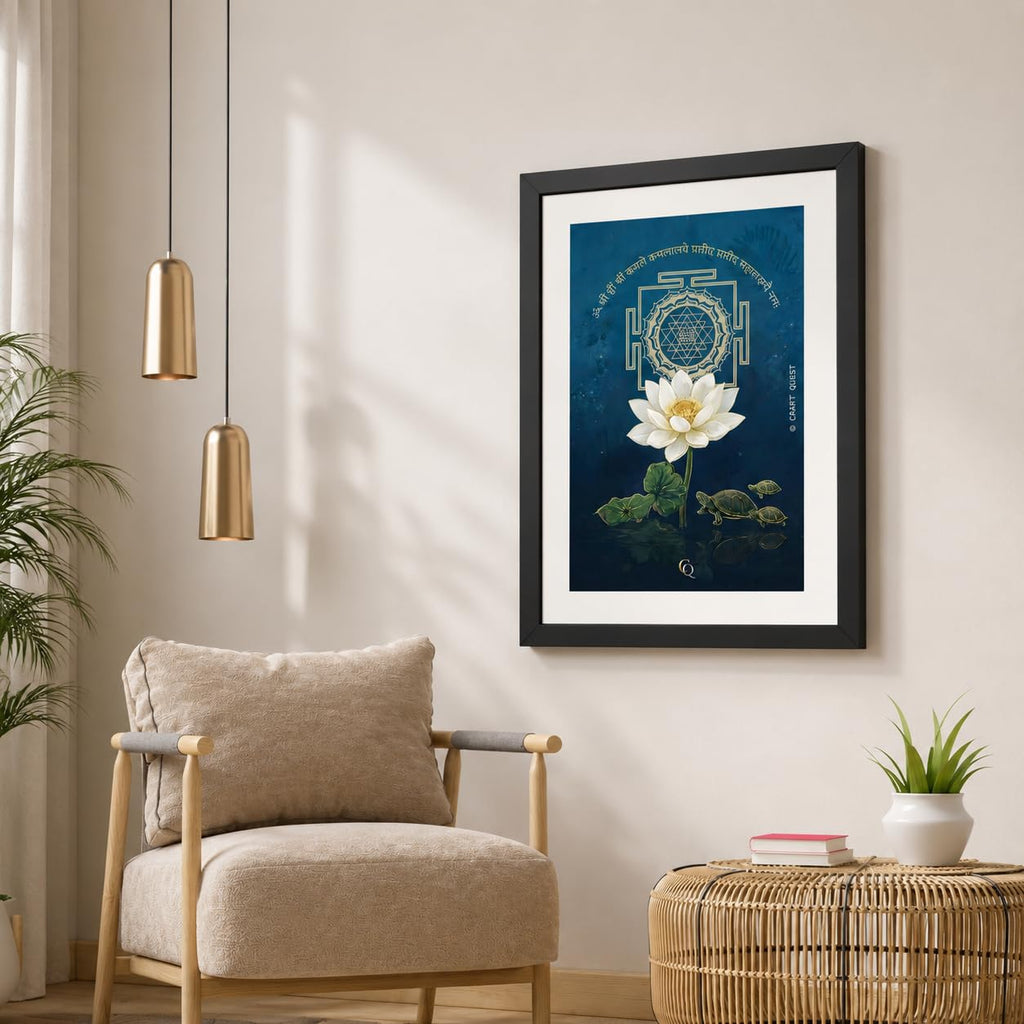 CRAFT QUEST White lotus painting for wall vastu with Shree Yantra and tortoise – Vastu Energy Poster for Prosperity, Money Flow & Stability Photo Frame for Home, Office