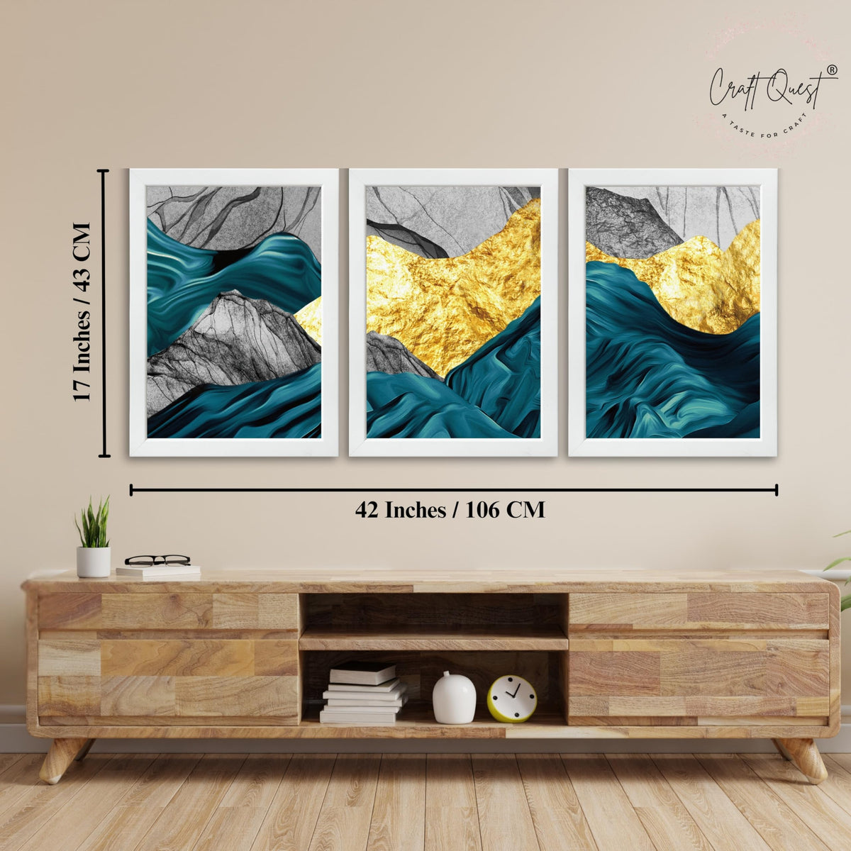 CRAFT QUEST Modern Art Abstract Golden Fashion Wall Art | Set of 3 Frames for Home Decoration | Ideal for Living Room, Bedroom & Offices