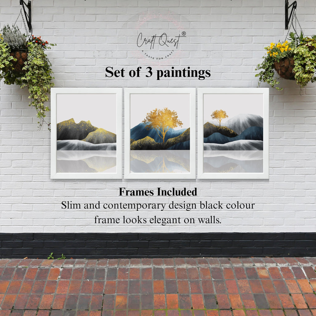 CRAFT QUEST Modern Abstract Golden Trees & Mountains | Set of 3 Frames for Home Decoration | Ideal for Living Room, Bedroom & Offices