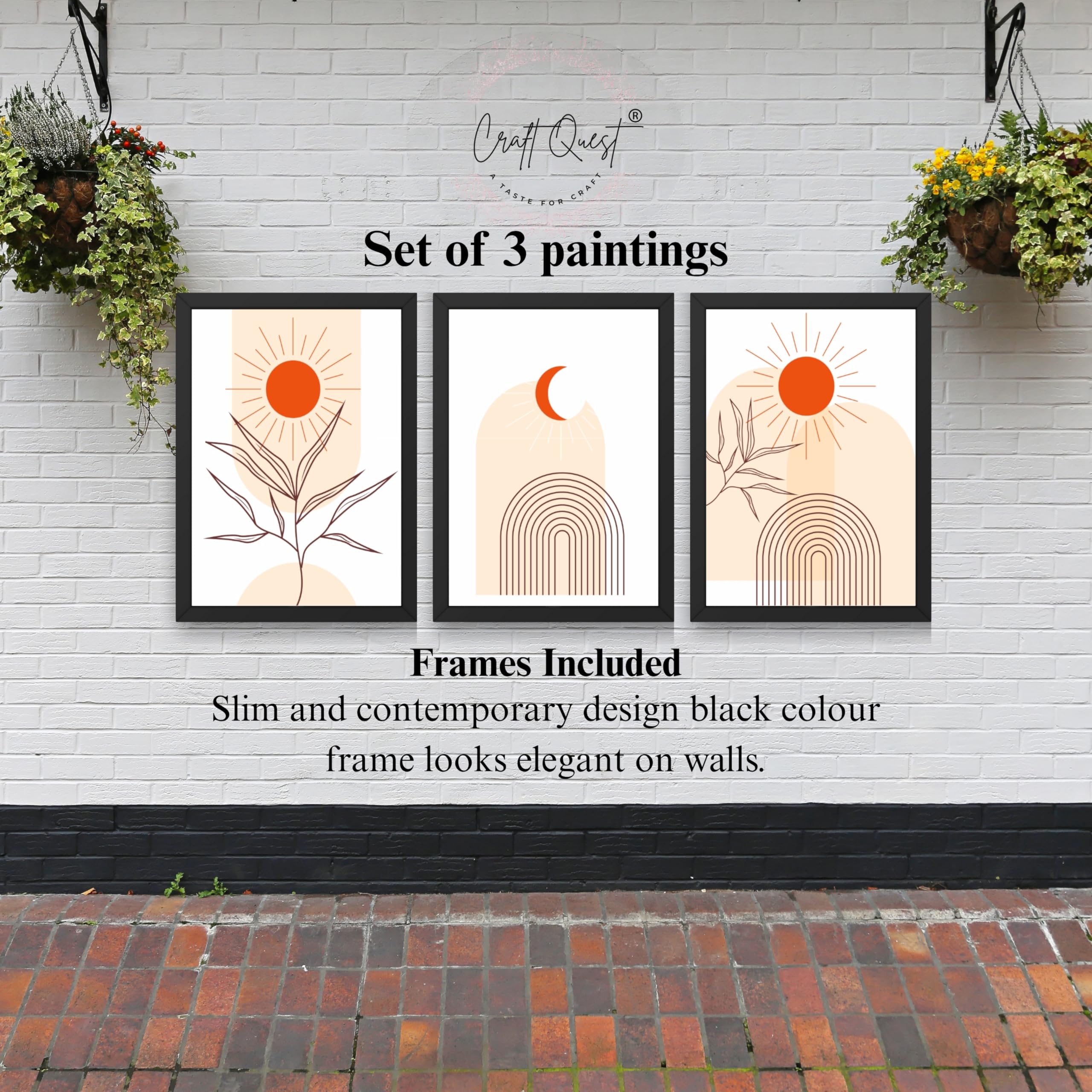 CRAFT QUEST Wall Art Decor Paintings | Set of 3 BOHO Wall Art Frames for Home Decoration | Ideal for Living Room, Bedroom & Office