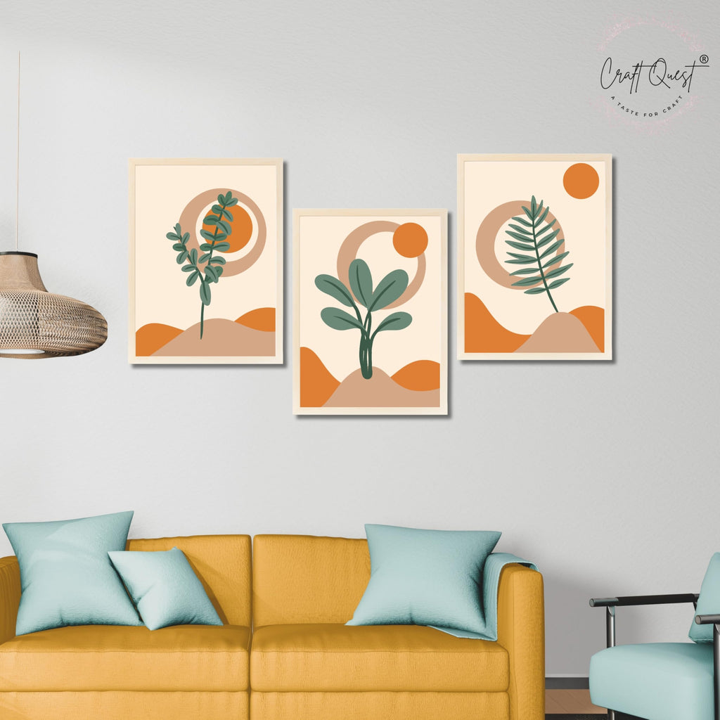 CRAFT QUEST Wall Art Decor Paintings | Set of 3 BOHO Wall Art Frames for Home Decoratio | Ideal for Living Room, Offices & Bedrooms