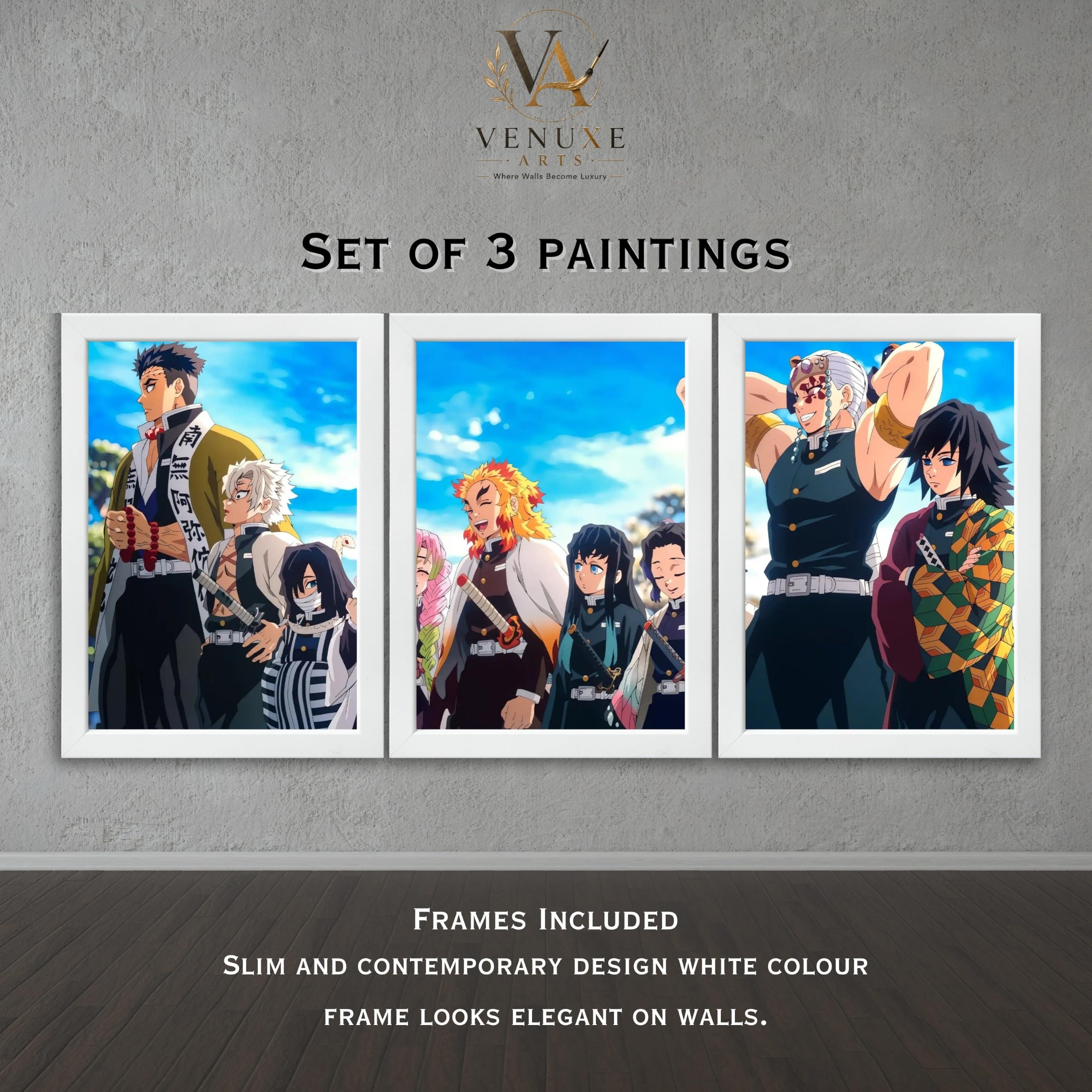 VENUXE ARTS Set Of 3 Anime Characters Wall Framed |Anime Characters Framed Poster for Living Room Bedroom Gaming Room Studio Wall Decor