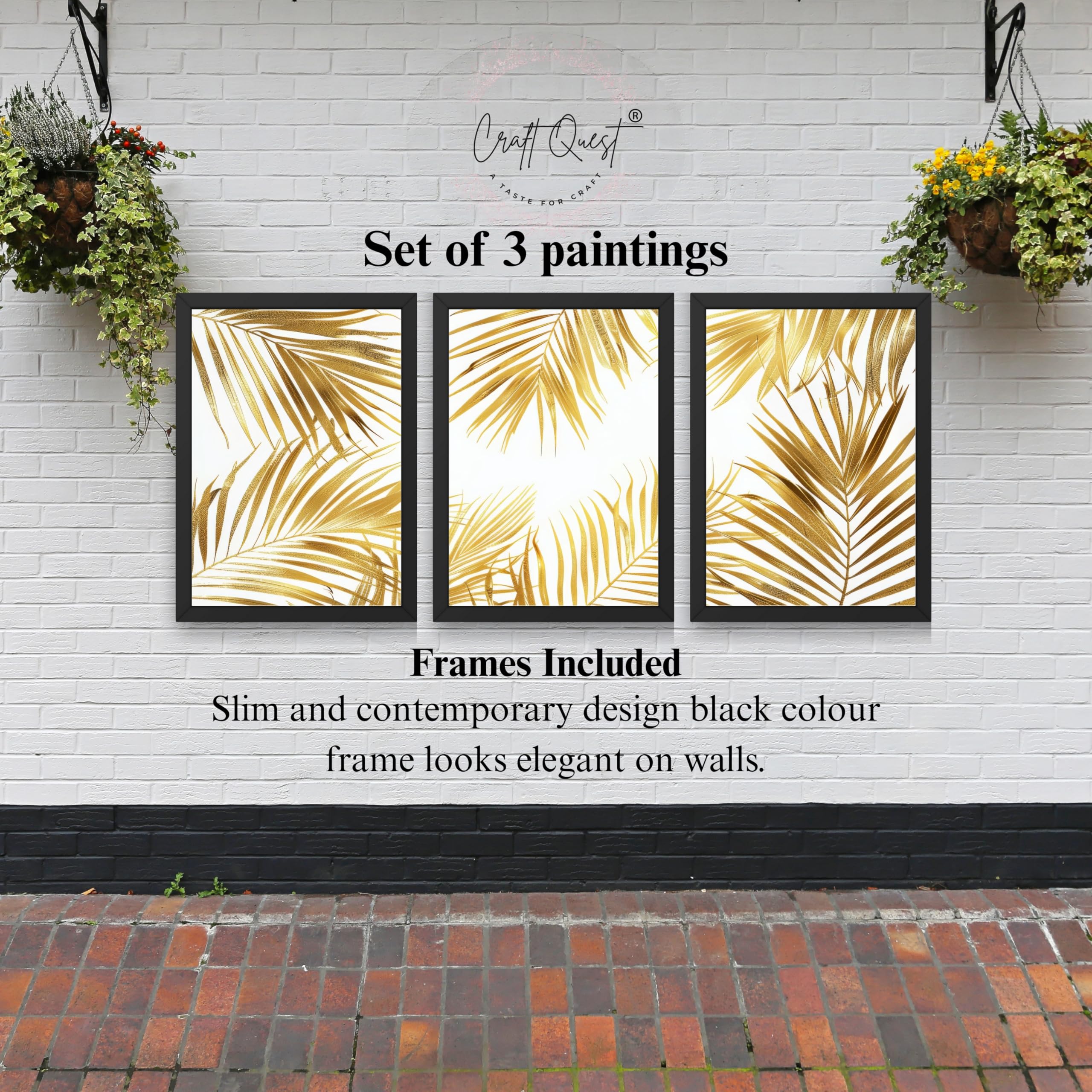 CRAFT QUEST Nature Inspired Abstract Plants Geometry Wall Art | Set of 3 Frames for Home Decoration | Ideal for Living Room, Bedroom & Offices