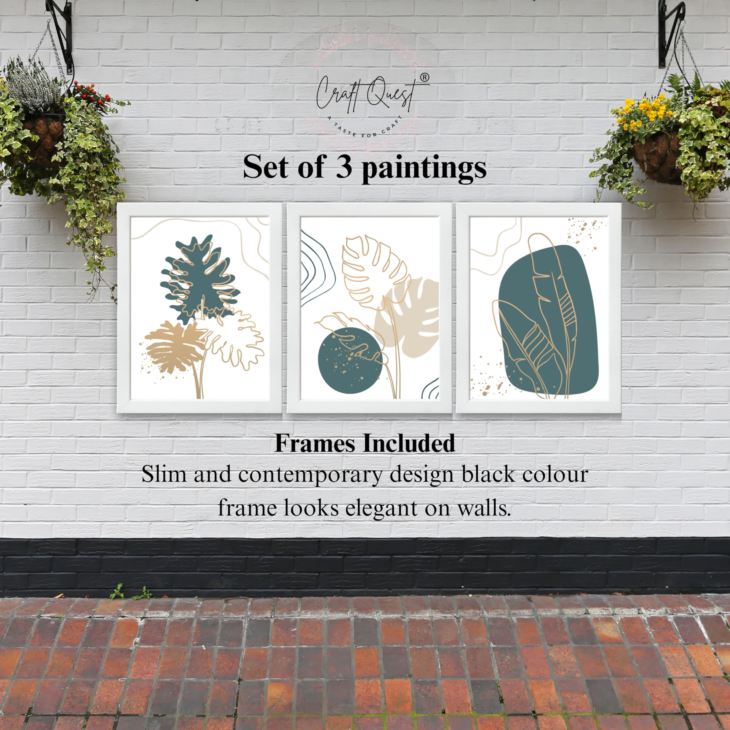 CRAFT QUEST Boho Leaf Artwork | Set of 3 Frames for Home Decoration | Ideal for Living Room, Bedroom & Offices