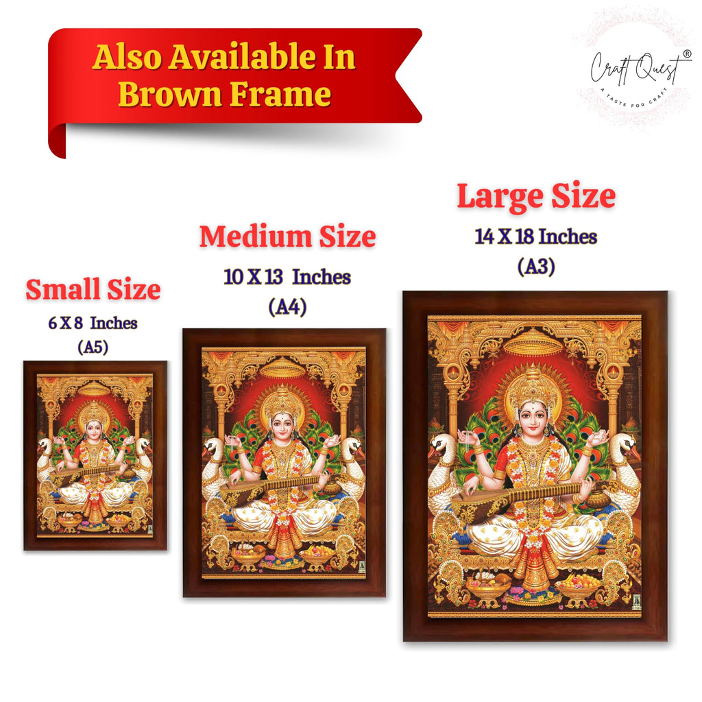 CRAFT QUEST Saraswati Devi Goddess Saraswathi Maa Wall Painting Framed For Home Décor Synthetic wooden Framed