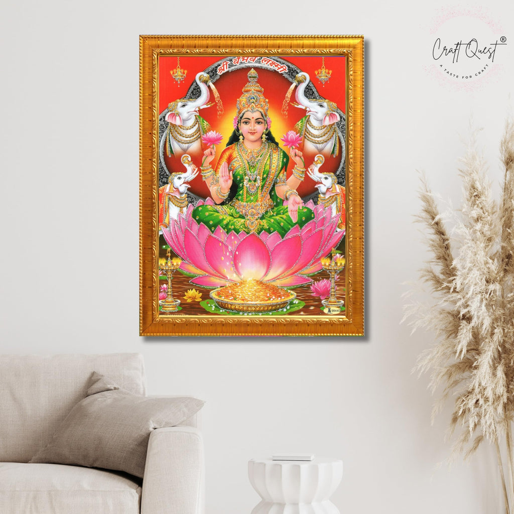 CRAFT QUEST Goddess Lakshmi Devi Dhana Laxmi Maa Wall Painting Frame for Diwali,Temple, Pooja, Living Room Home and Decor