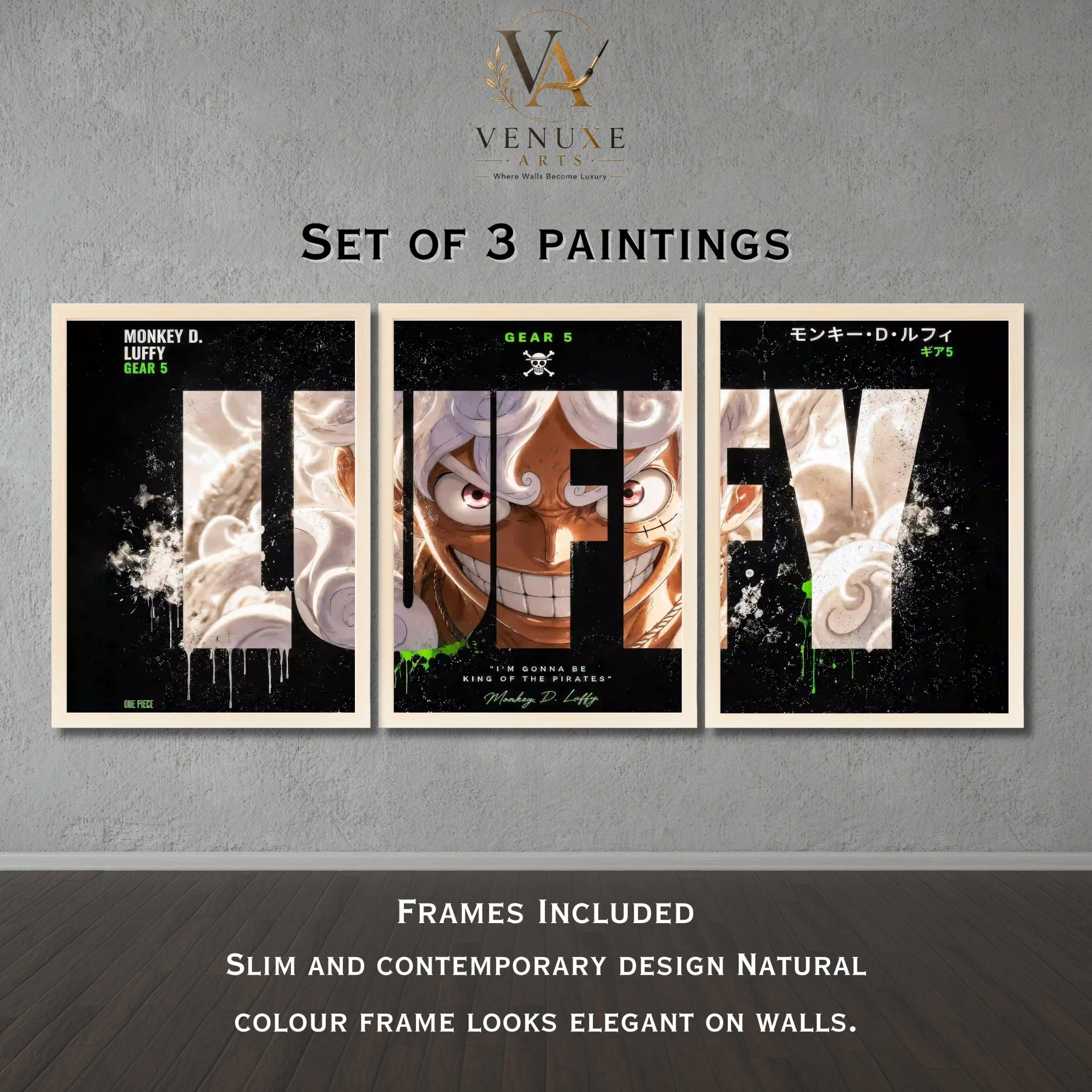 VENUXE ARTS Set Of 3 Anime Characters Wall Framed |Anime Characters Framed Poster for Living Room Bedroom Gaming Room Studio Wall Decor