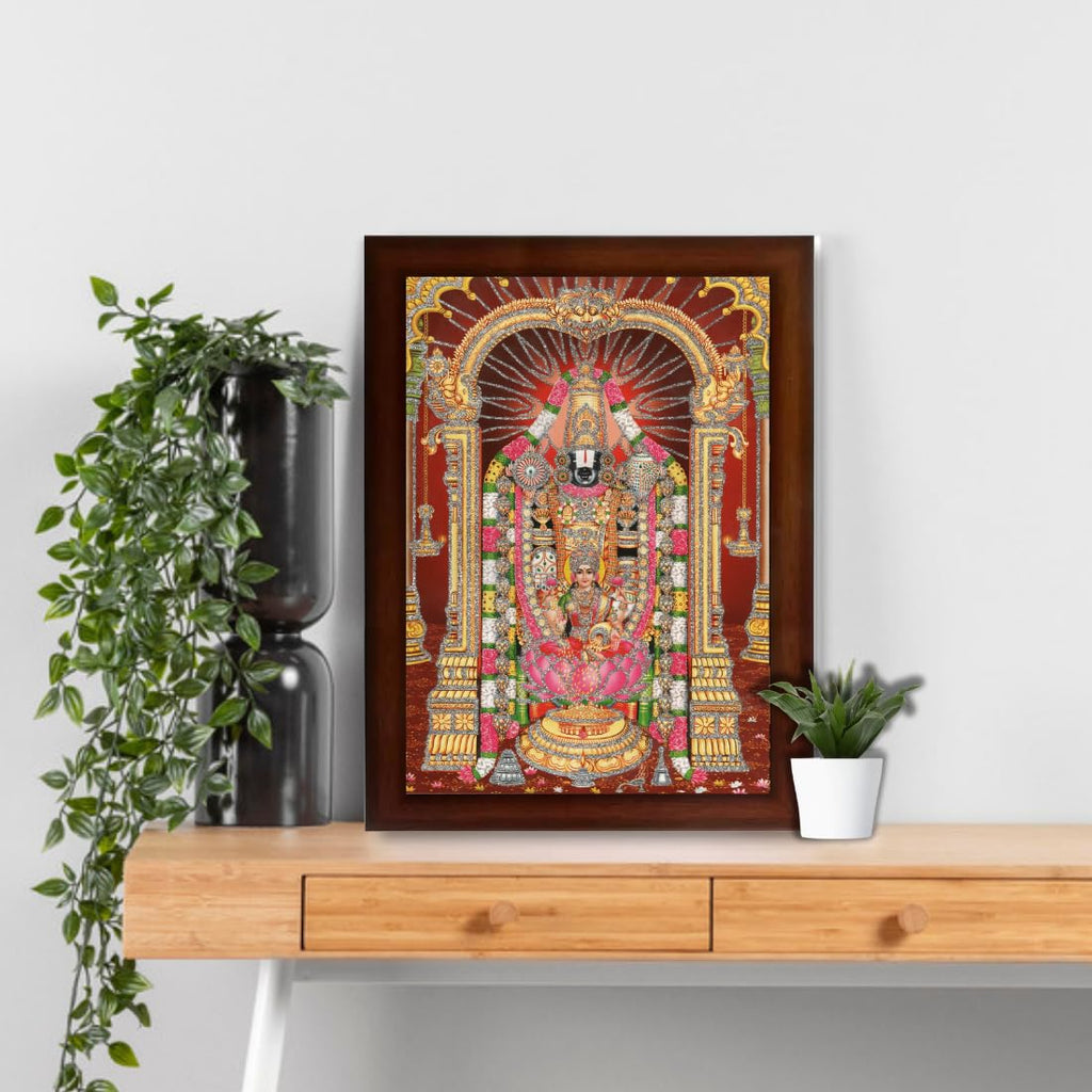 CRAFT QUEST Tirupati Balaji Lord Venkateshwara Swamy with Lakshmi ji Wall Painting Framed Home Decor (Wood,Matte,Brown,Big Size,10 X 14 Inches)