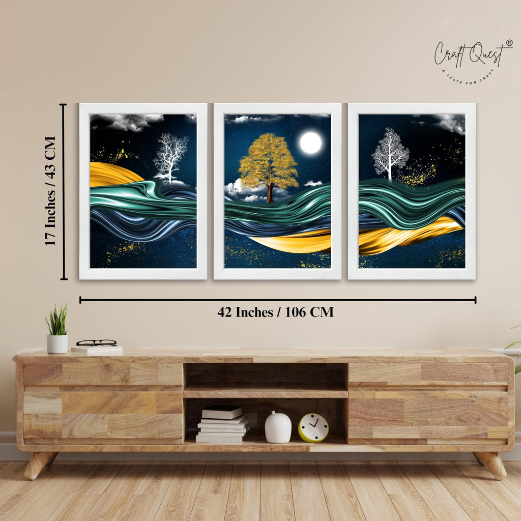CRAFT QUEST Modern Art With Dark Blue Background & Golden Tree Wall Art | Set of 3 Frames for Home Decoration | Ideal for Living Room, Bedroom & Offices