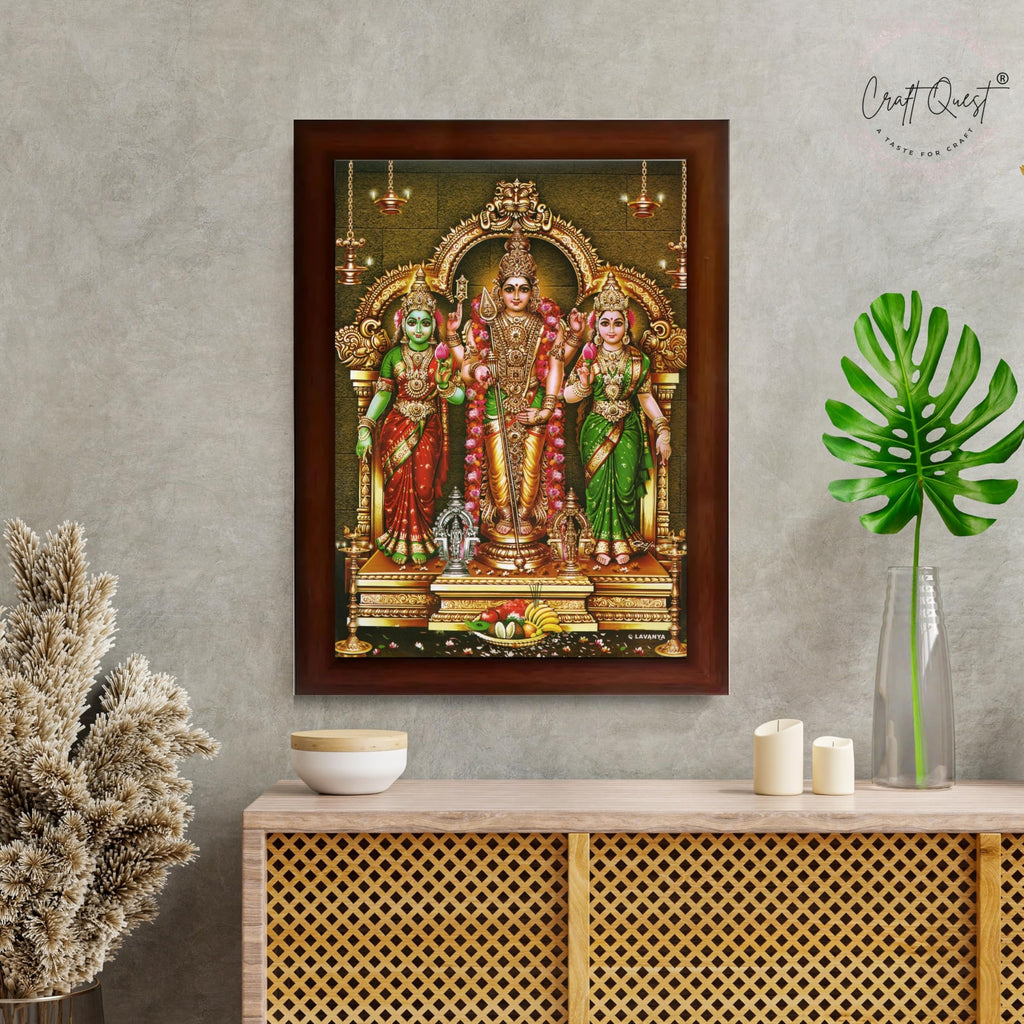 CRAFT QUEST Lord Murugan Valli Deivanai Subramanya Swamy Wall Painting Photo Framed | South God Picture Frame for Home, Office, Temple & Gifting, Decor