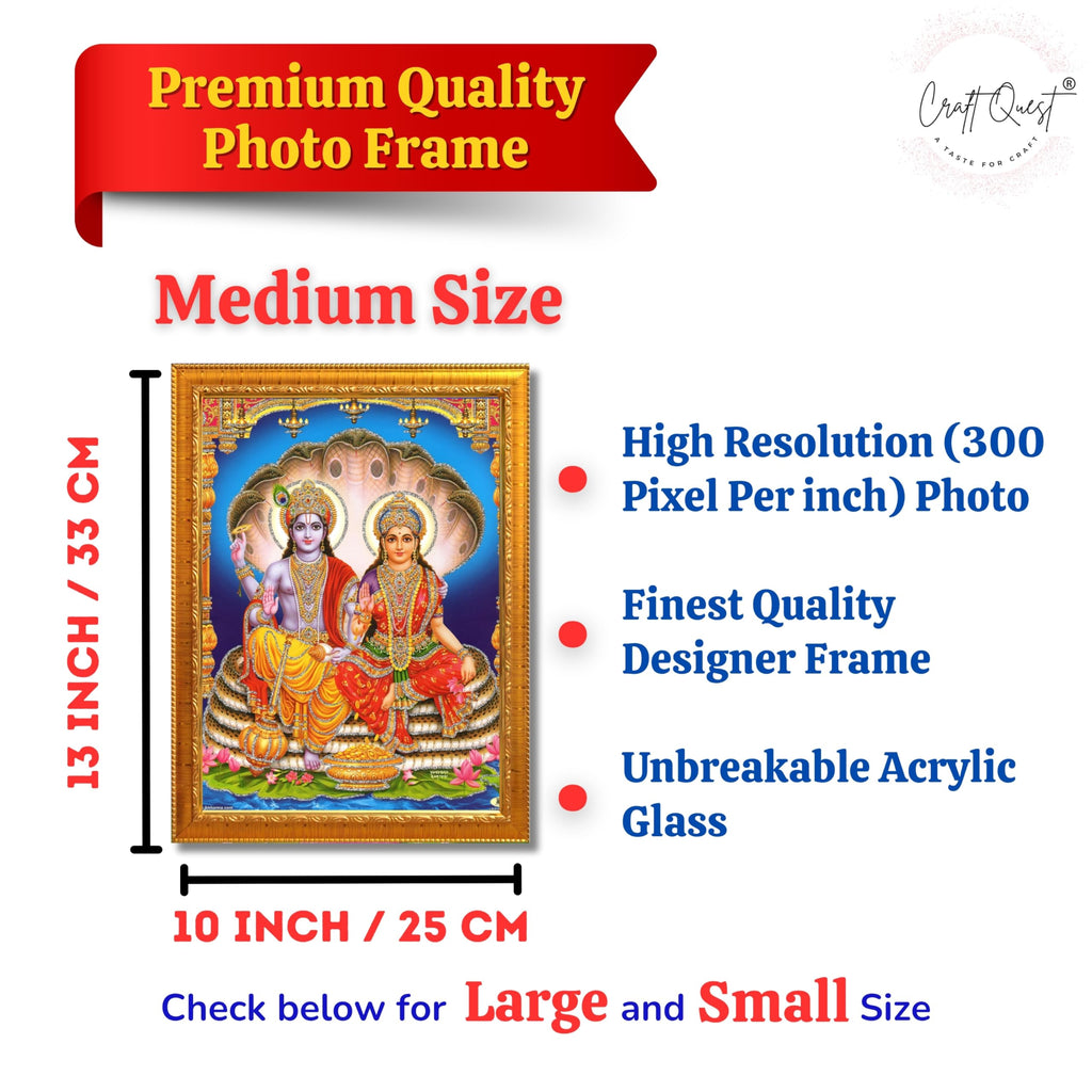 CRAFT QUEST Lord Vishnu and Goddess Lakshmi Giving Blessing on Shesh naag Glitter Painting with Golden Synthetic Frame