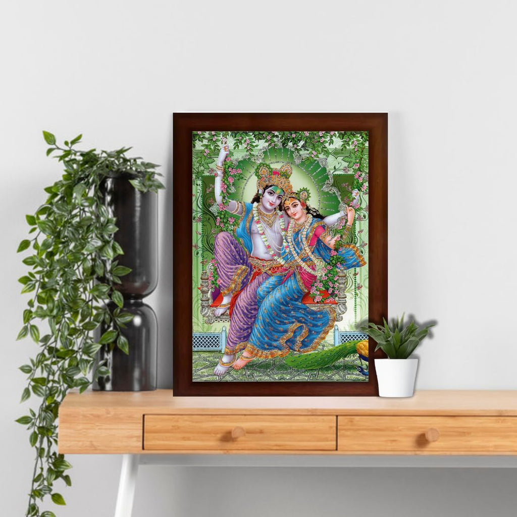 Craft Quest Radha Krishna Sparkle Coated Home Decorative Gift Item Framed Painting (10 X 14 Inches, Brown) RK1013-117