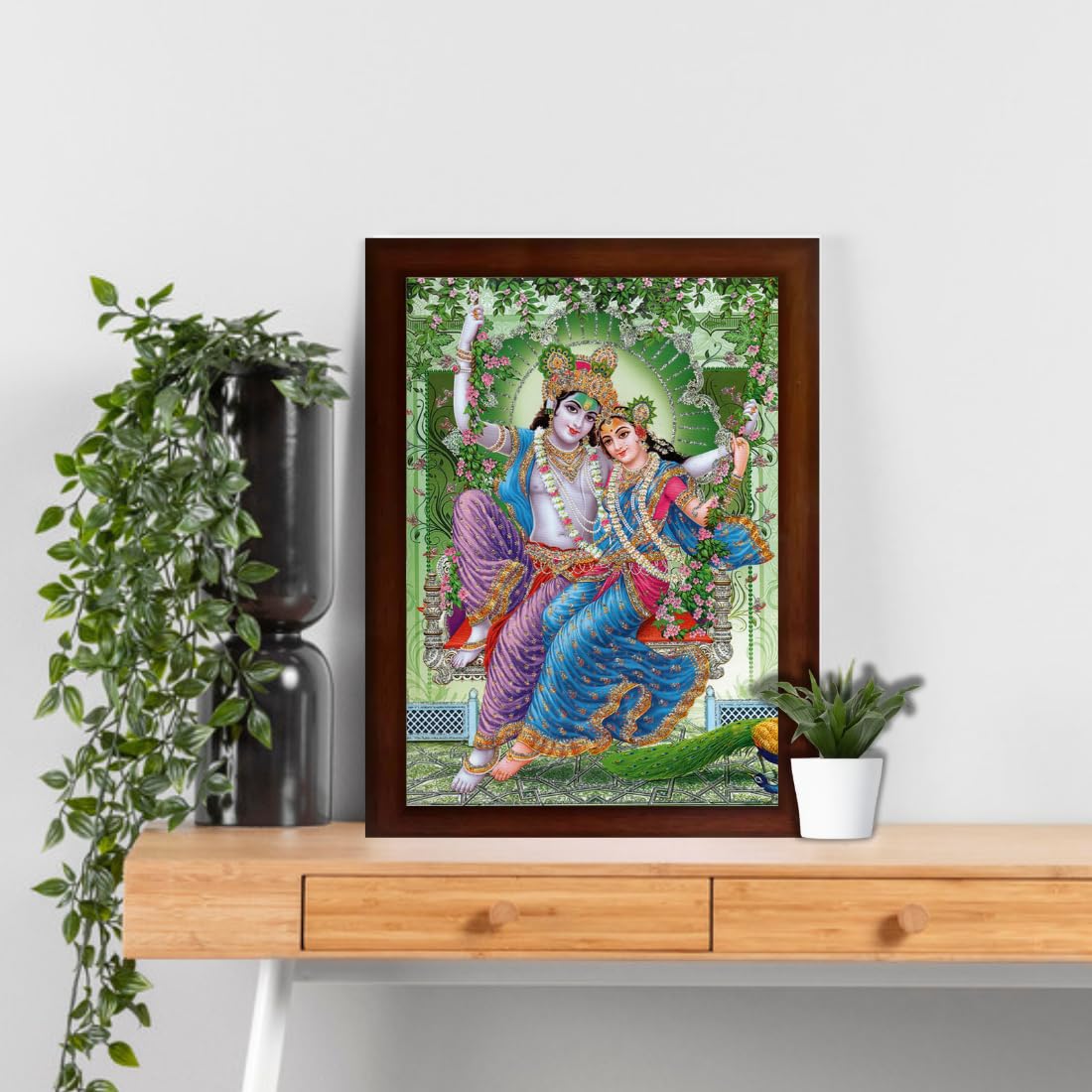 Craft Quest Radha Krishna Sparkle Coated Home Decorative Gift Item Framed Painting (10 X 14 Inches, Brown) RK1013-117
