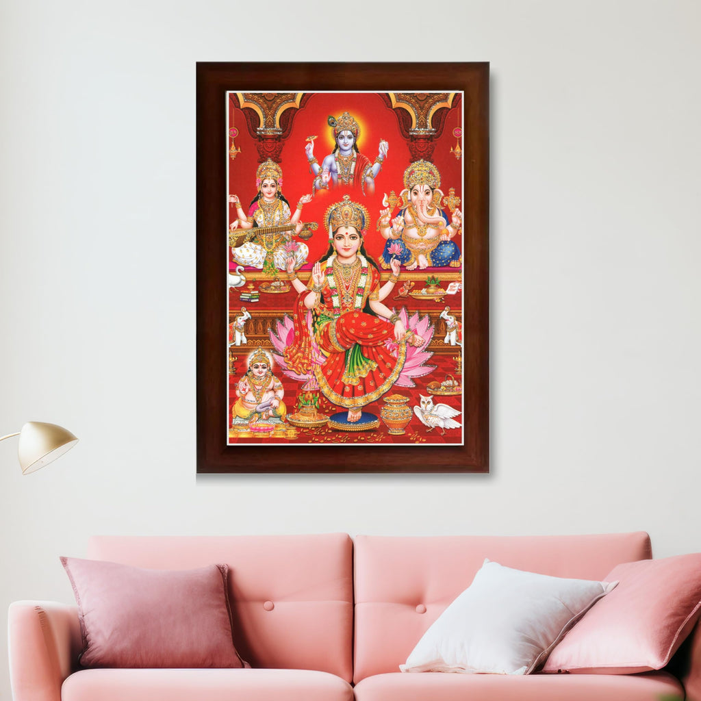 CRAFT QUEST Lakshmi Devi Ganesha Saraswati Ganesh ji Hanging Wall Painting Framed Home and Pooja Decor Hindu Bhagwan Devi Devta Photo Frame